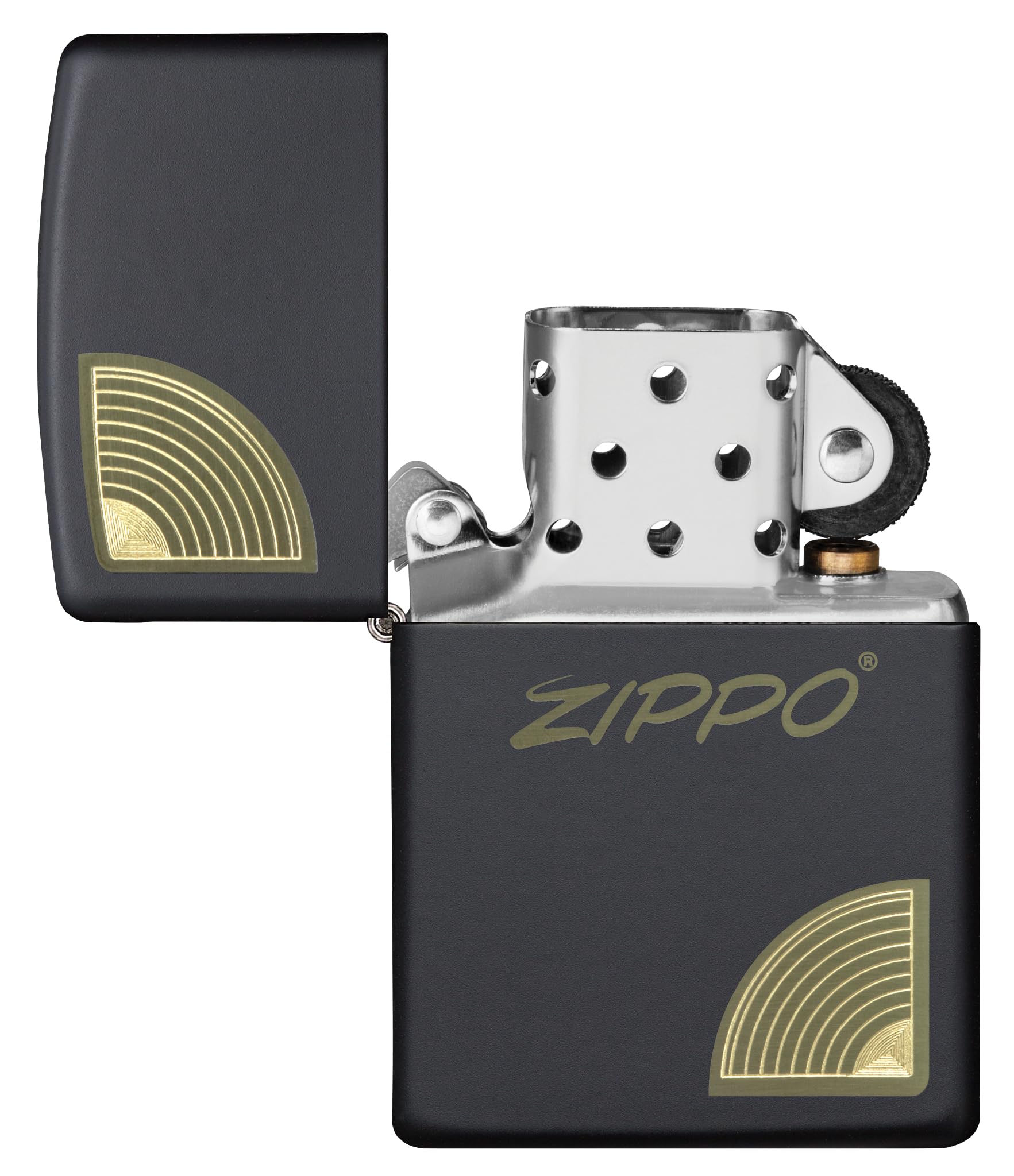 Zippo Logo Script Corners Zapalniczka Sztormowa, Grawerowanie Laserowe/Automatyczne, Wielokrotnego Użytku, do Napełniania, Wiatroodporna Konstrukcja, Wykonano w USA, Kolor Czarny Matowy