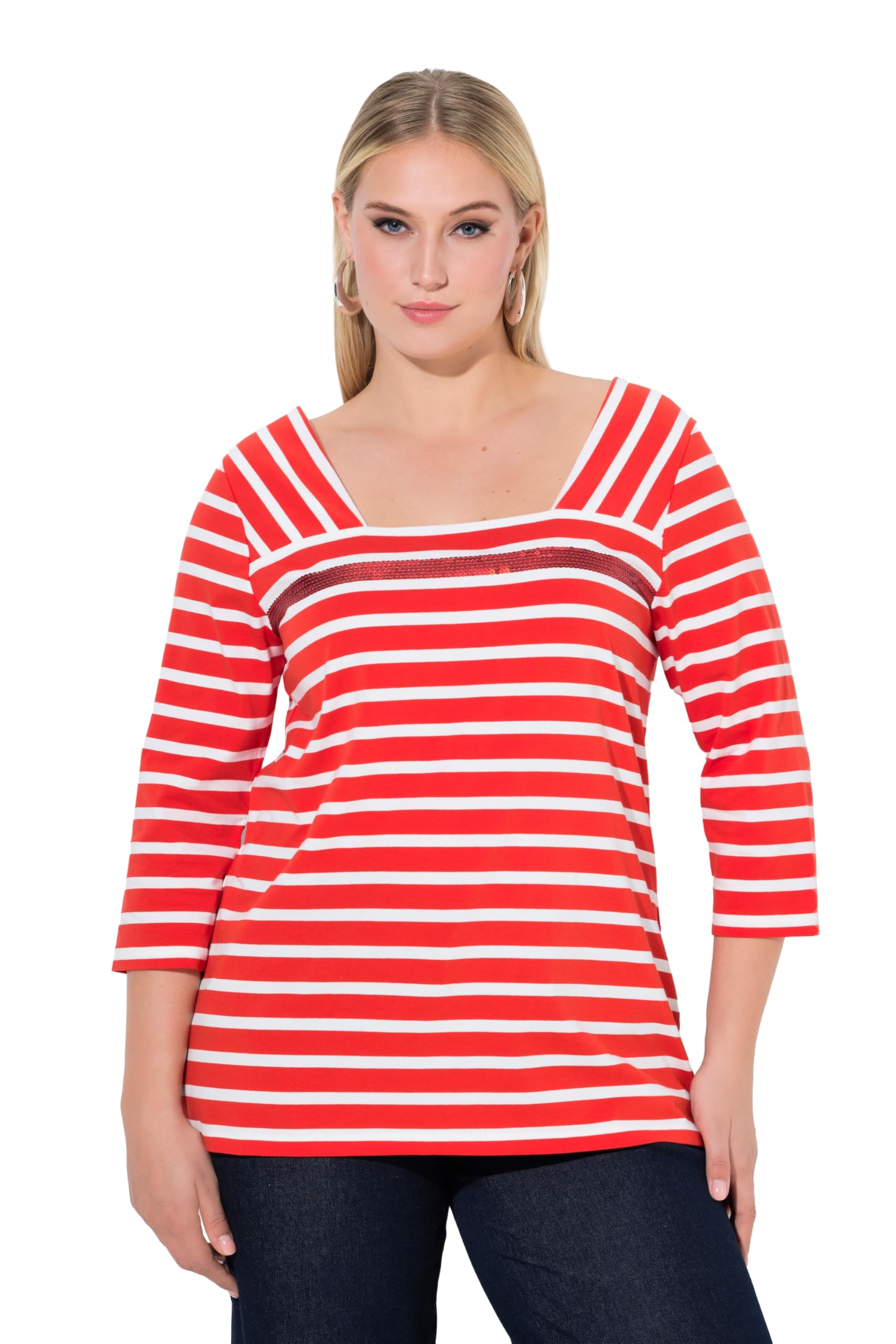 Ulla Popken Damen große Größen Übergrößen Plus Size Shirt, Ringel, Pailletten, Carrée-Ausschnitt, 3/4-Arm 846115