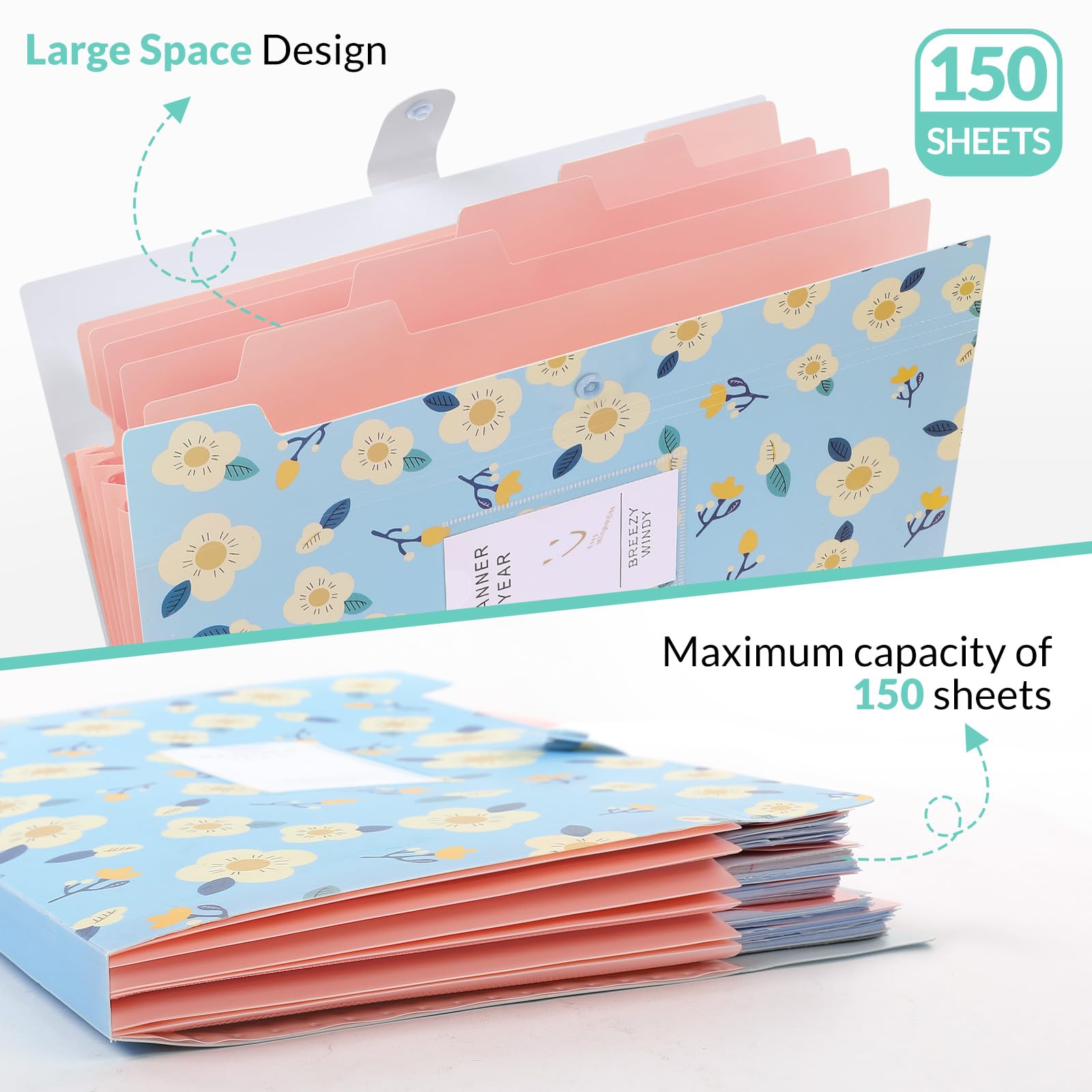 KONVINIT 2 Pack Expanding File Organiser A4 Expanding File Folder with 5 Pockets Floral Printed High Capacity Document Organiser with Snap Button for Classroom Home Office Blue&Pink - Image 4