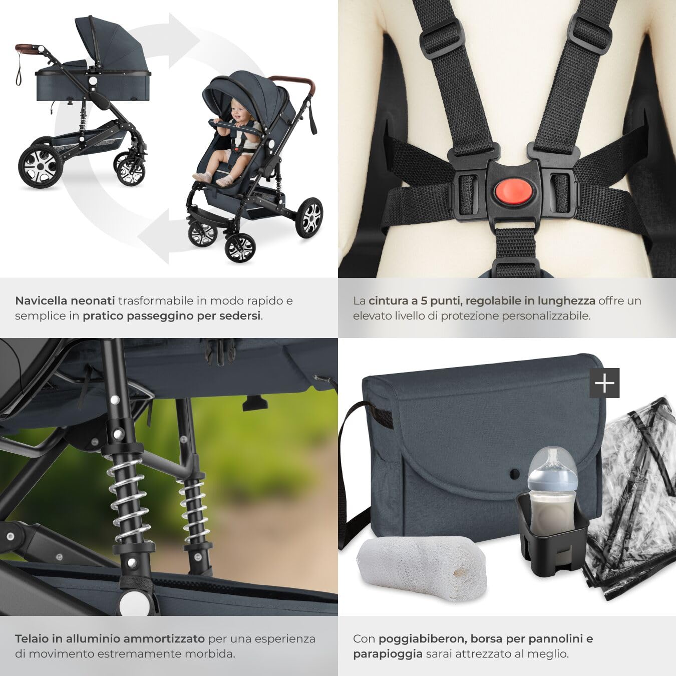 tectake® Passeggino Combinato Pieghevole 2 in 1 Leggero con Cintura a 5 Punti e Freno a Pedale Antracite