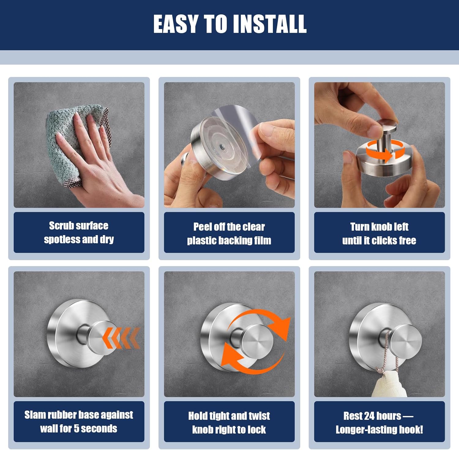 Silver Waterproof Suction Cup Hooks, 8-Pack Heavy Duty Stainless Steel No Drill Shower Hooks for Hanging Towels, Robes, Loofahs, Holder Holds Strong on Tile, Glass, Mirror, Wall, Bathroom Door