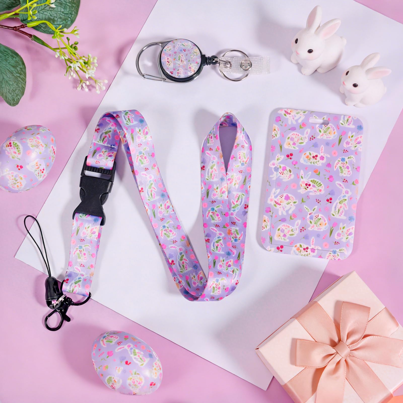 Etui na dowód osobisty ze smyczą na klucze, kwiecisty zajączek, wyciągany uchwyt na dowód osobisty z karabińczykiem, etui na karty ze zdejmowaną smyczą, breloczek do kluczy, dla kobiet, dzieci