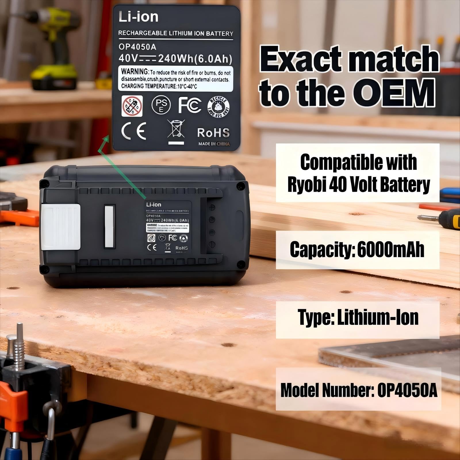 Condition photo showing New/Like New for biswaye 40v 6ah lithium battery replacement for ryobi 40v battery op4040 op40601 op4026 op40261 op40401 op40501 op4015 op40602 op40404 op40603 compatible with ryobi 40 volt cordless power tools