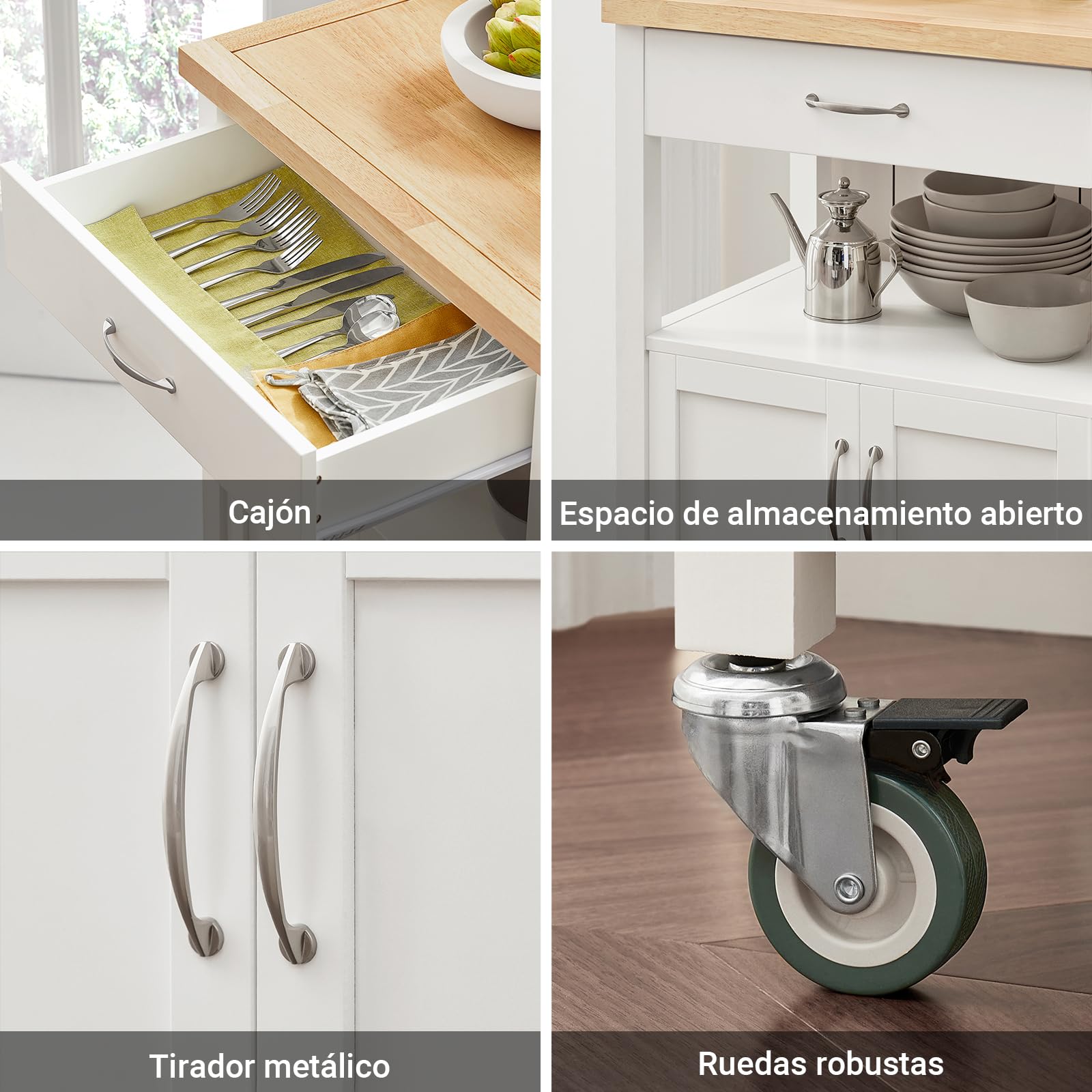 SoBuy Carrito Cocina con Ruedas, encimera de Caucho & 4 Ruedas, 60x92x44cm | Mueble Auxiliar con cajón, estante abierto & armario de 2 puertas, compacto, MDF, cocina & exterior & dormitorio, FKW22-WN