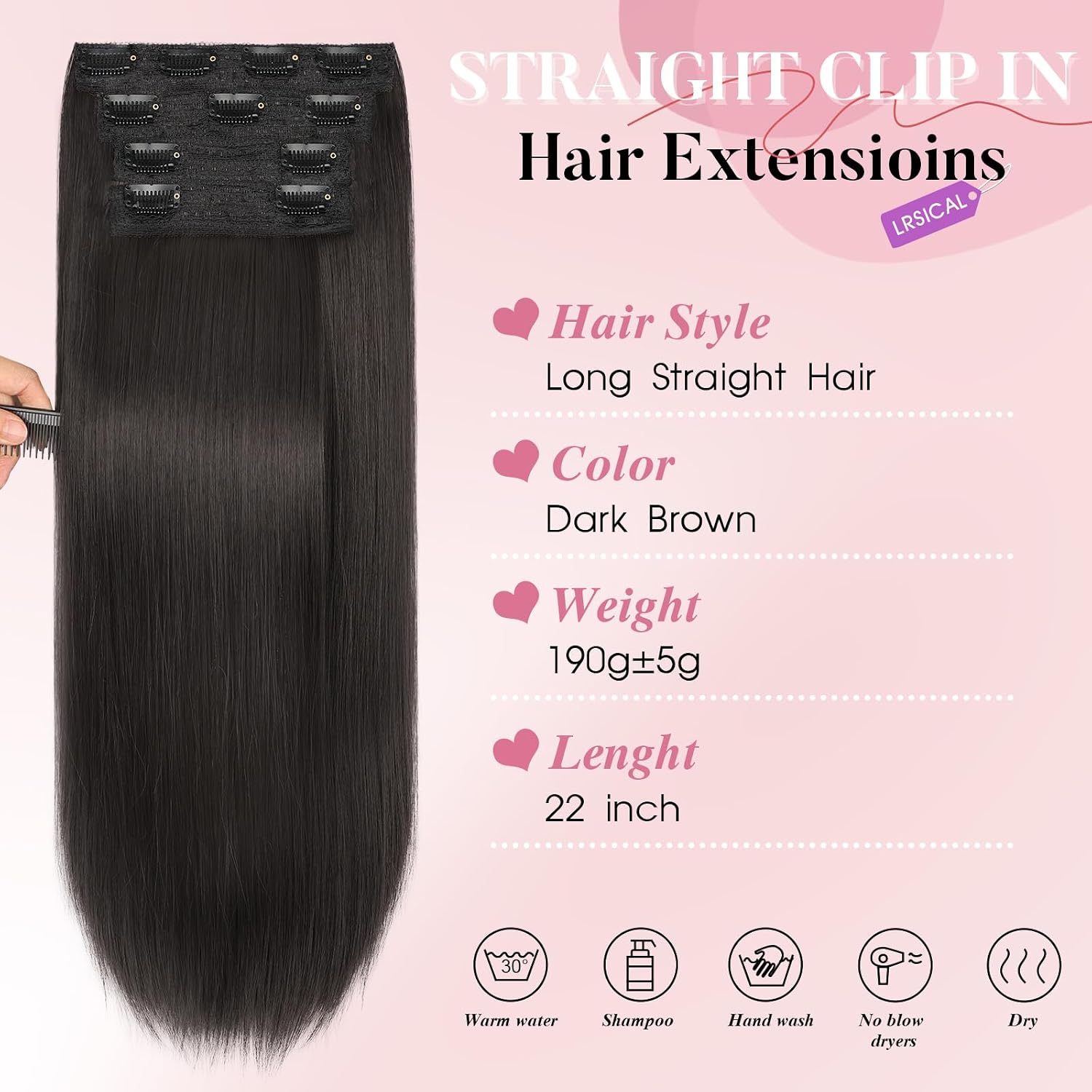 Hair Extensions,Clip in Hair Extensions Dark Brown Long Straight 4PCS Hairpieces Natural Soft Fiber Double Weft Hair for women 22 Inch