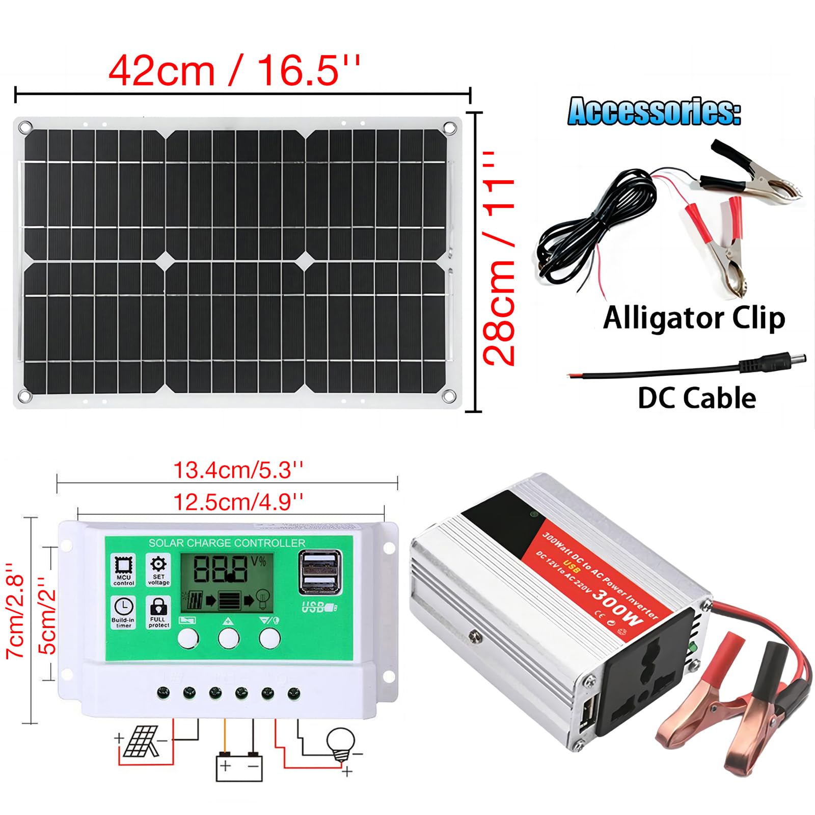 Zestaw 1 panelu słonecznego 300 W Off-Grid z kontrolerem i falownikiem 50 A do kamperów, łodzi i wypraw kempingowych(50W)