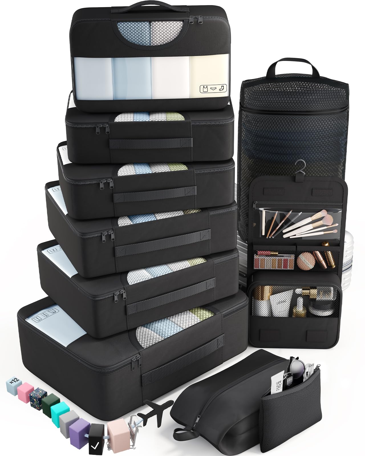 veken 10 set packing cubes for travel essential, suitcase organizer bags in 4 sizes, carry-on luggage accessories with large laundry & hanging toiletry bag, must-have for airplane, road trip & camping