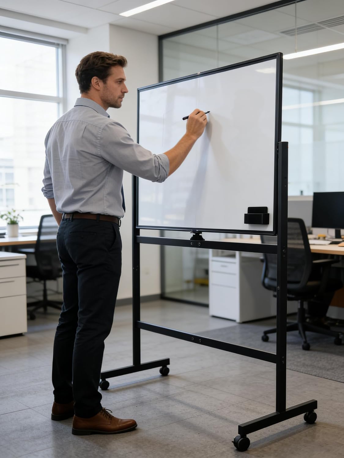 Whiteboard on Wheels, 48" x 32" Double-Sided Mobile White Board with Stand, 4' x 2.6' Portable Standing Dry Erase Board Easel with Lockable Wheels for Home Office Classroom School, Black