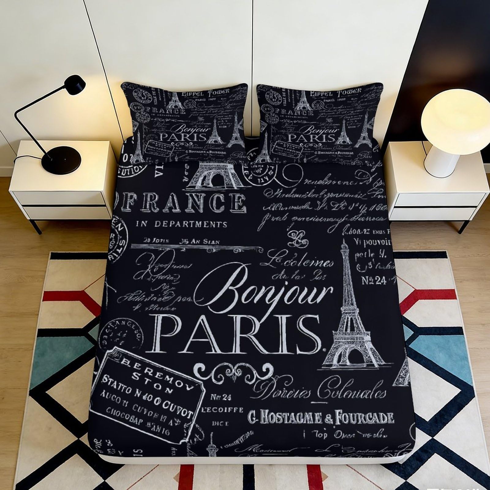 3D Printed Paris Landmark Fitted Sheet Microfiber Deep Pocket Non-Slip Bedroom Bedding Paris Mattress Fitted Cover Washable 200x200x25cm