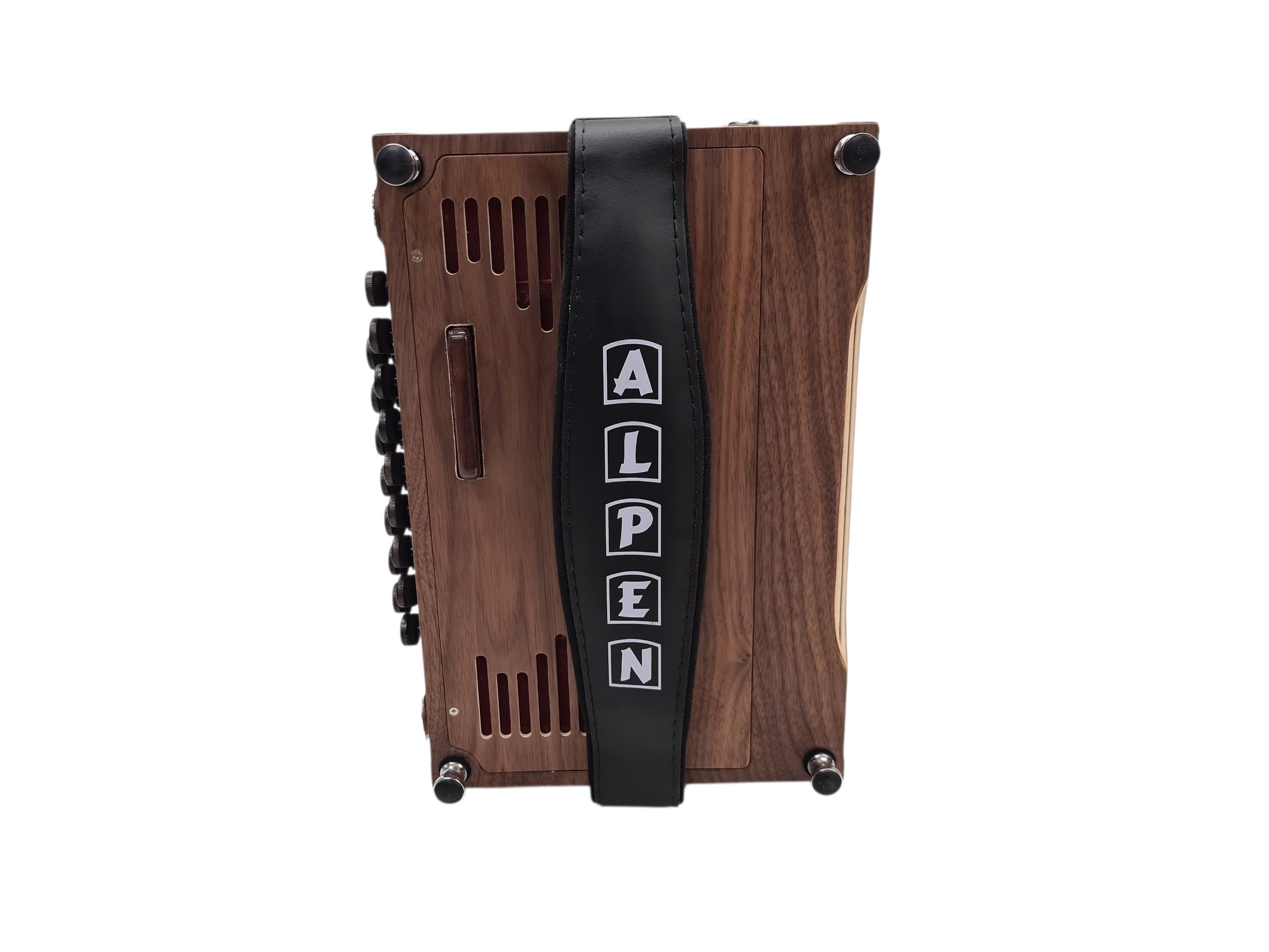 Steirische Harmonika Alpen Compact Nuss G/C/F/B – 4-reihig, 2-chörig, X-Bass, Mollbässe, Halbtöne, 44 Diskant, 16 Bass, Kinderharmonika, Reiseharmonika, inkl. Luxuskoffer & Rucksack
