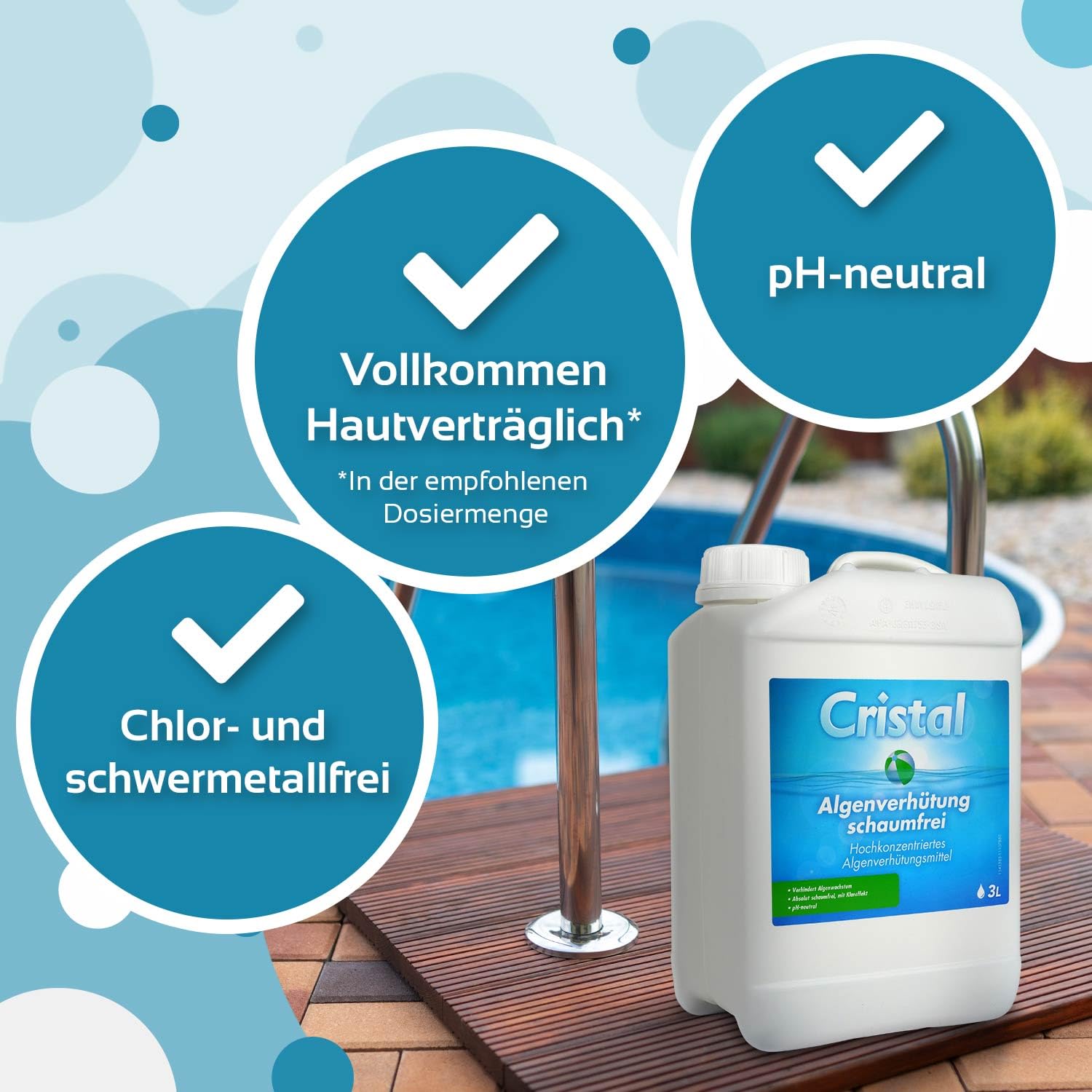 Cristal Algenverhütung SCHAUMFREI - Verhindert Algenwachstum im Poolwasser und hilft Trübstoffe zu entfernen - Geeignet für alle Pools & Schwimmbäder von 1000 bis 80000 Liter - pH-neutral (6 Liter)