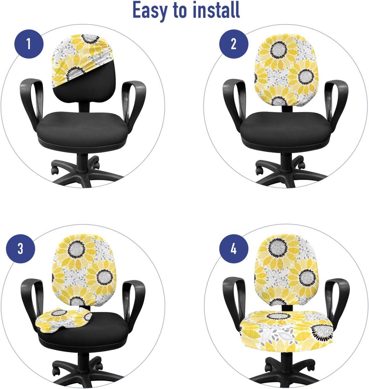 Ambesonne Yellow Office Chair Slipcover, Colorful Illustration of Sun Flower with Motifs and Patterns Summer Nature Artprint, Decorative Stretch and Washable Fabric Cover, Standard Size, Yellow Grey