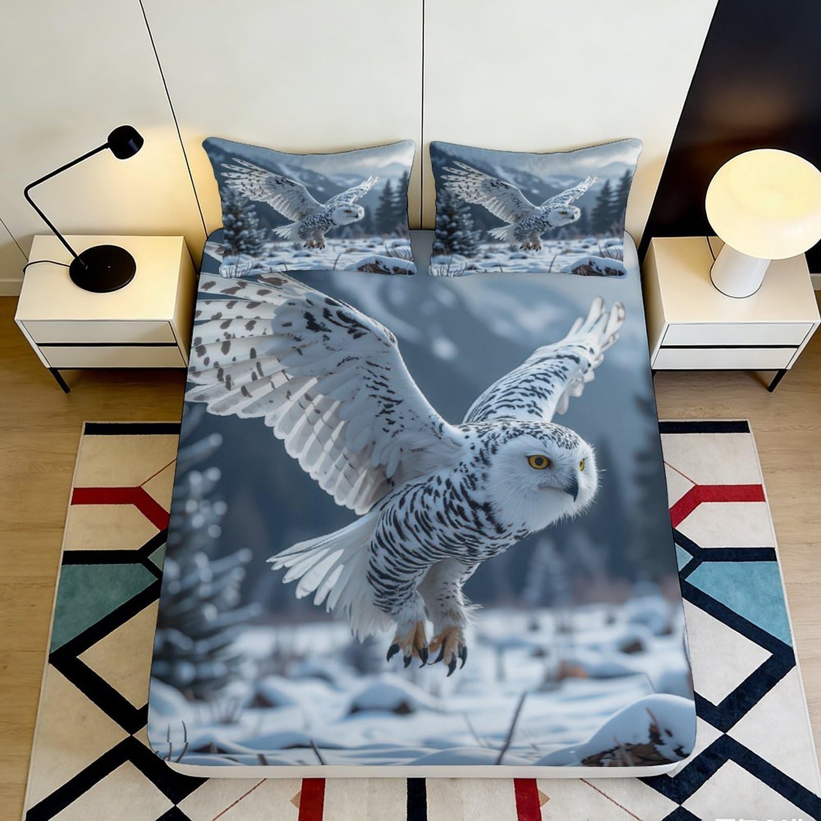 3D Printed Snowy Owl Fitted Sheet Microfiber Soft Winter Forest Mattress Cover for Bedroom Guest Room Decor 90x200x25cm