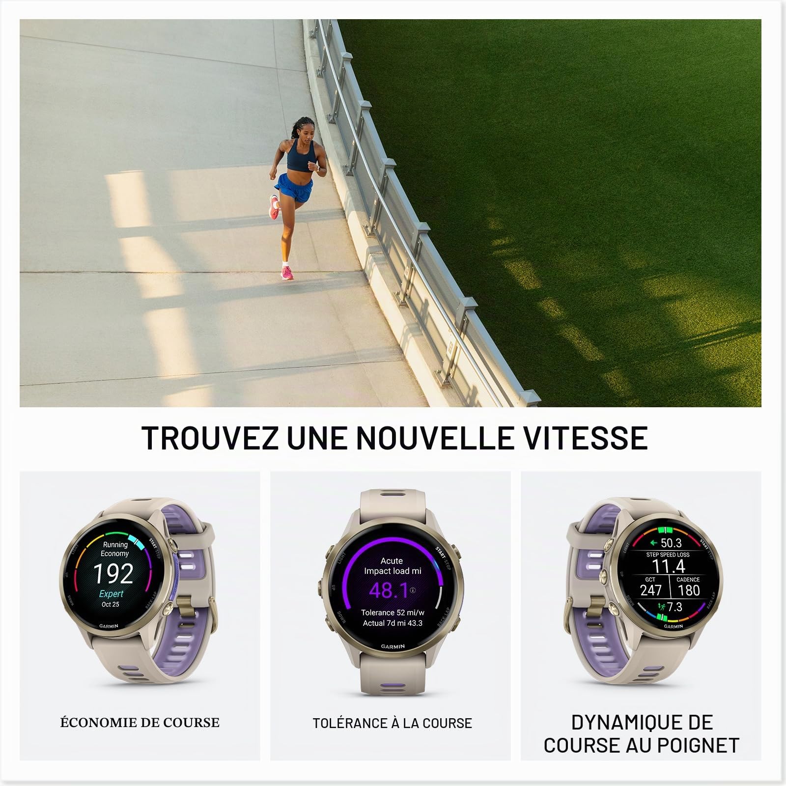 Garmin® Forerunner® 970 Montre Intelligente GPS de Course et de Triathlon avec écran AMOLED, Lampe de Poche LED intégrée, Titane doré Doux avec boîtier Gris français et Bracelet Gris français/Indigo