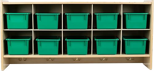 RRI Goods Montessori - Armario de almacenamiento de 10 secciones con cubos verdes, organizador de juguetes para niños con ganchos, unidad de