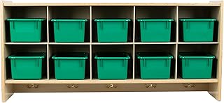 10 Section Cubby Storage Cabinet with Green Bins, Kids Toy Organizer with Hooks, Wall Mounted Cubbies Storage Unit for Kindergarten and Daycare