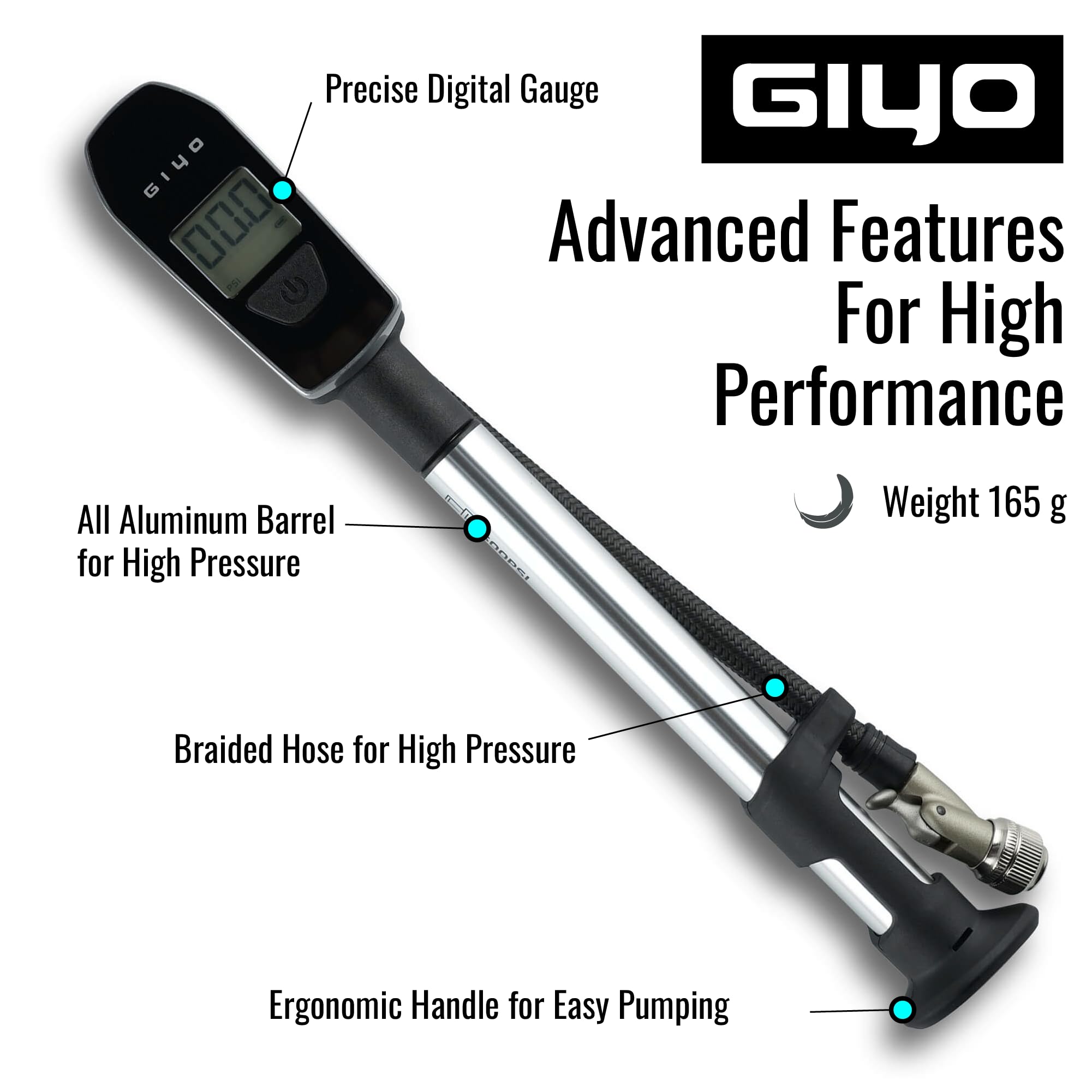 Giyo Hochdruck-Fahrradluftpumpe mit 600 PSI, 1,5-Zoll-Manometer und gewebtem Netzkabel für MTB-Fahrradgabel und Hinterradferung  18