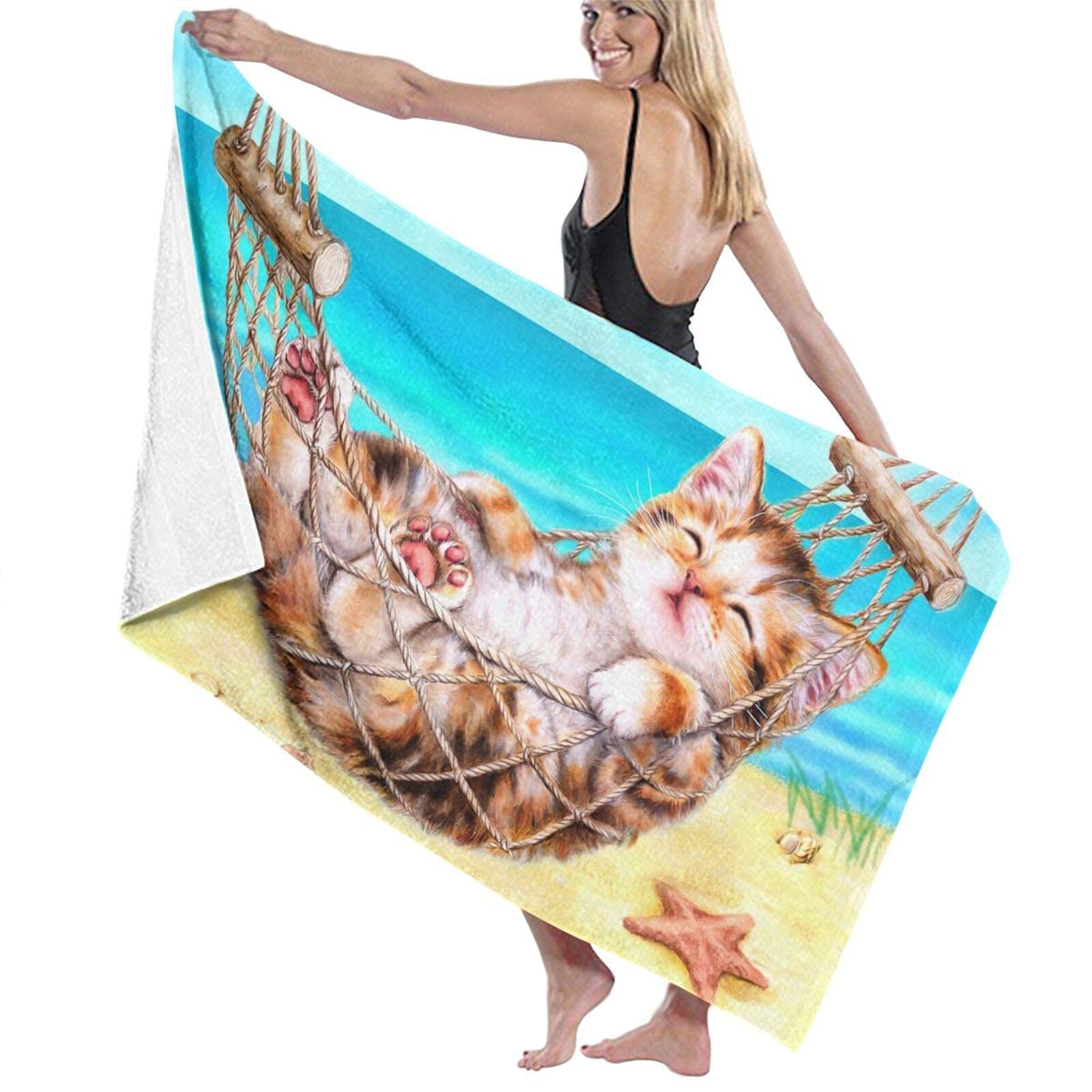 Lsjuee The Lovely Cat is Lying on The Beach Beach Towel for Kids Fast Dry Superfine Fiber Beach Towel Men Funny for Gym Fitness Tropical Vacations Hawaii Cruise Beach Swimming Pool 32INx52IN