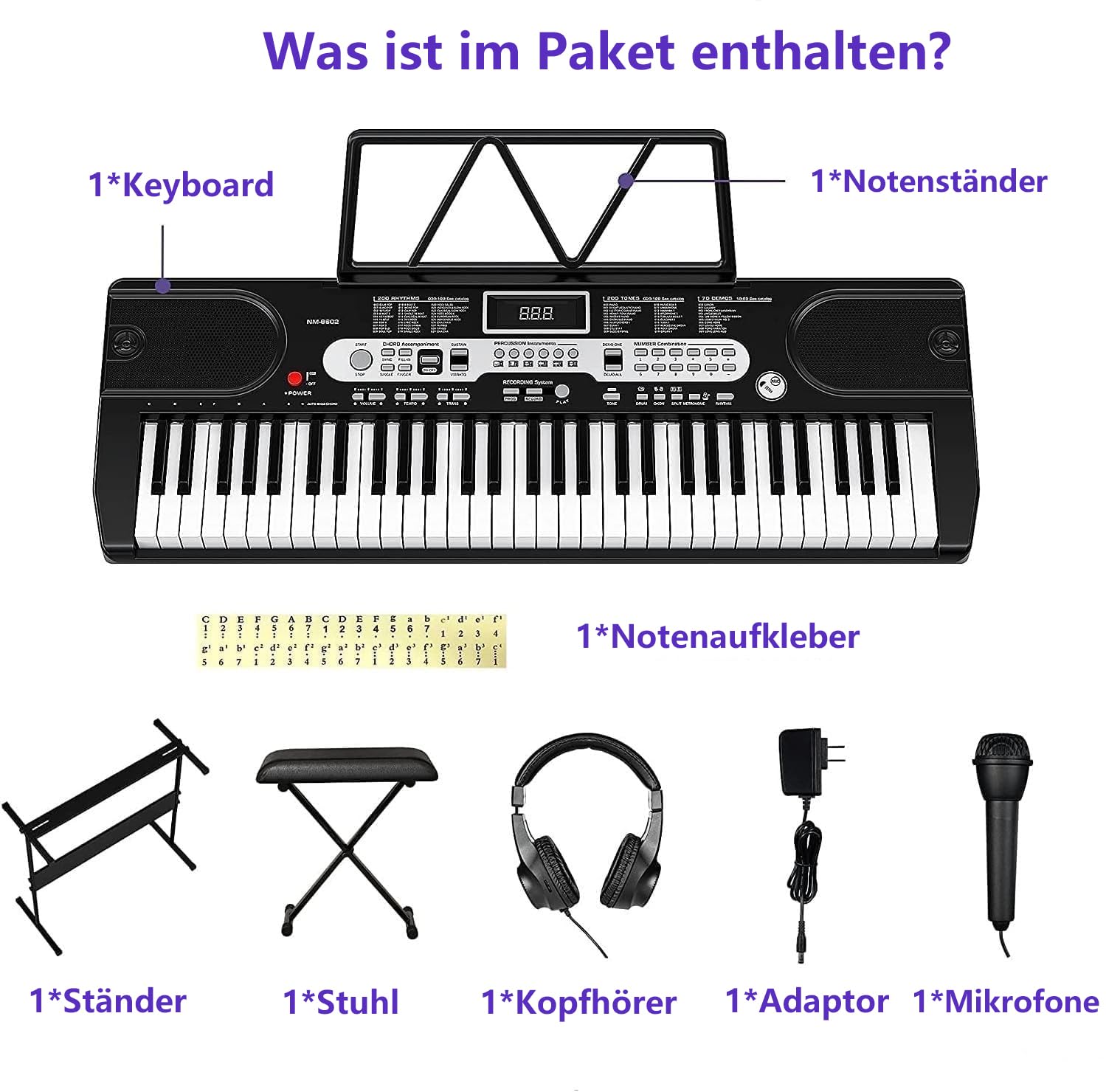 Keyboard Piano 61 Tasten für Kinder Anfänger, Digital Piano Set mit Ständer Sitzbank Kopfhörer Mikrofon Notenablage, Schwarz
