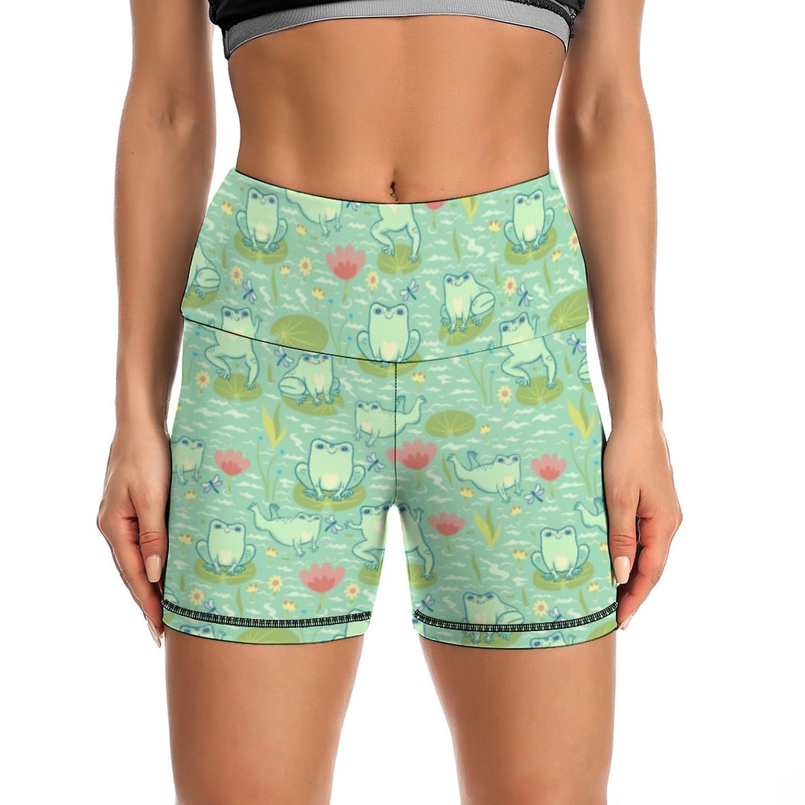 JYYAU Cute Cartoon Frog Pattern High Waist Yoga Shorts for Women Athletic Shorts Leggings Running Pants Black