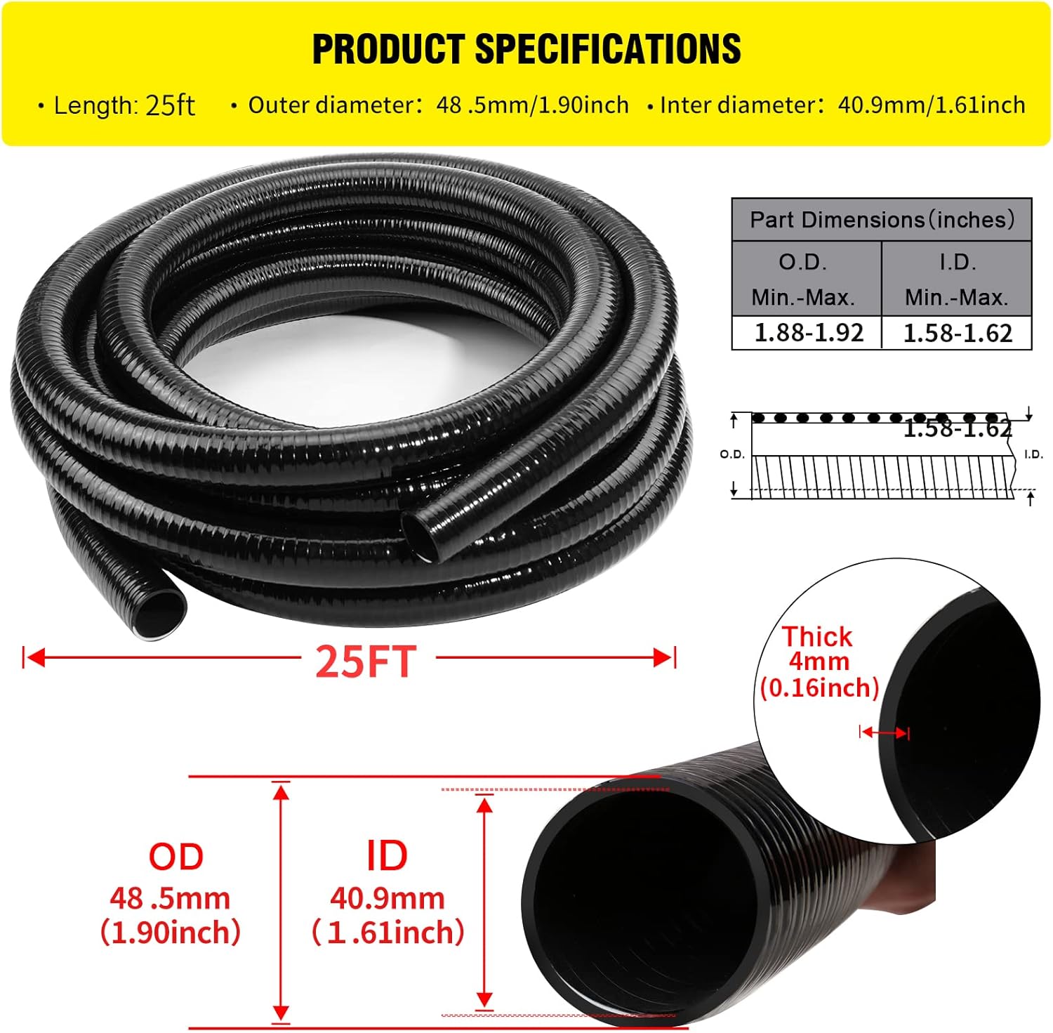 Flexible PVC Pipe ID1.5" Black PVC Pipe, ID1.5" x25 feet Pool Hose,Spa Hose Tubing for Koi Ponds, Pond Tubing,Irrigation and Water Gardens,With 2PCS Stainless Steel Clamps