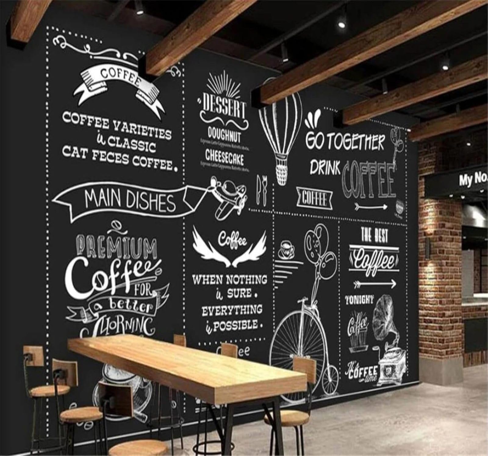 Tzxztt Creative Chalkboard Style Café Western Restaurant Poster Modern 3D Wallpaper Premium Textured Silk Neutral Tones Material Ideal for Living Room Bedroom-200cm×140cm