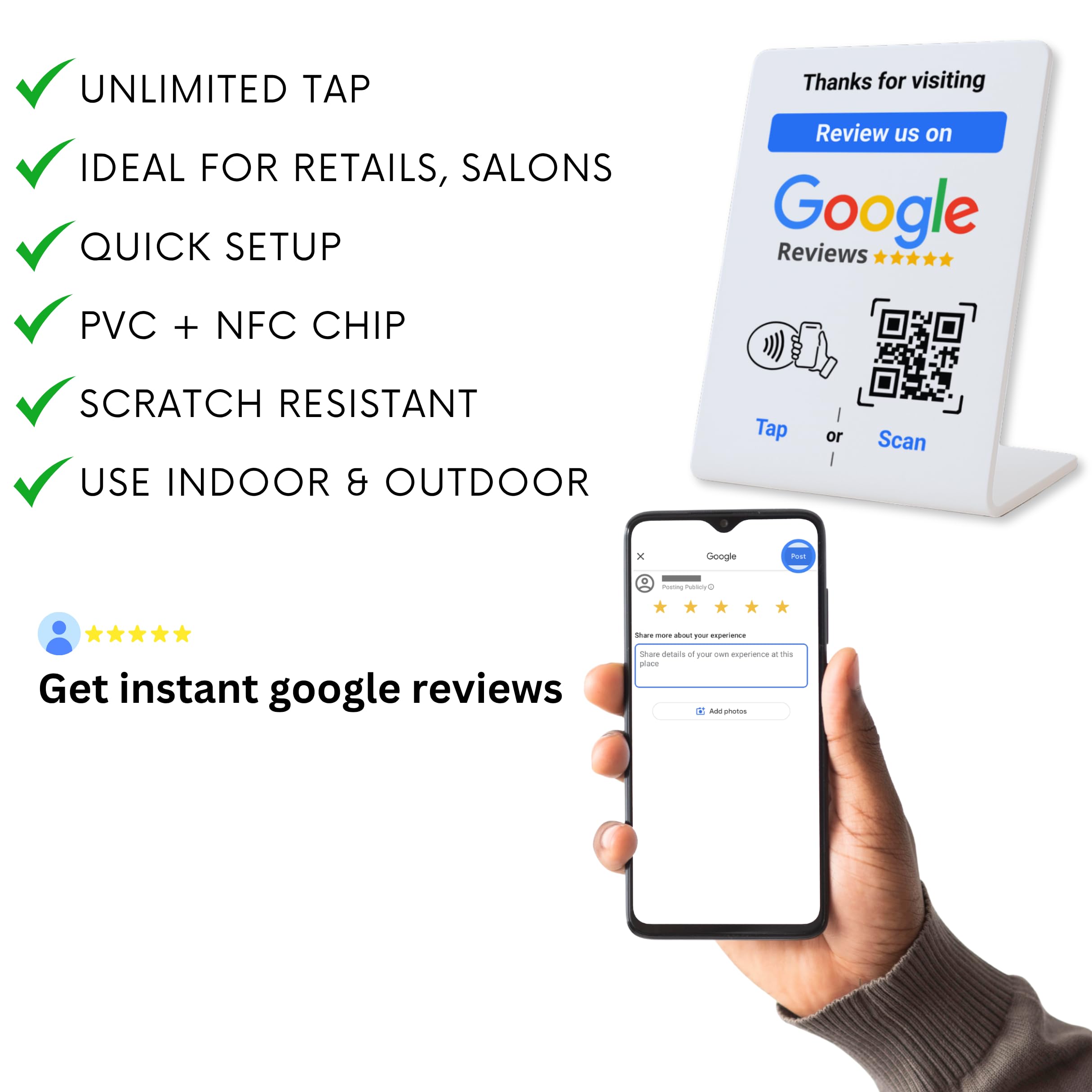 NFC Tap Google Review Stand - Boost Customer Feedback with Tap & Scan QR - No App, No Subscription - Works on iPhone & Android (Size 4.13"x2.75", 1 Pack)