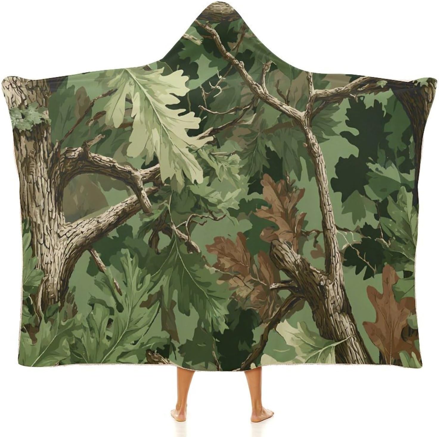Camouflage Hunting Branches Leaves Wearable Blanket Hoodie | Flannel Fuzzy Machine Washable Home Camping Lounging