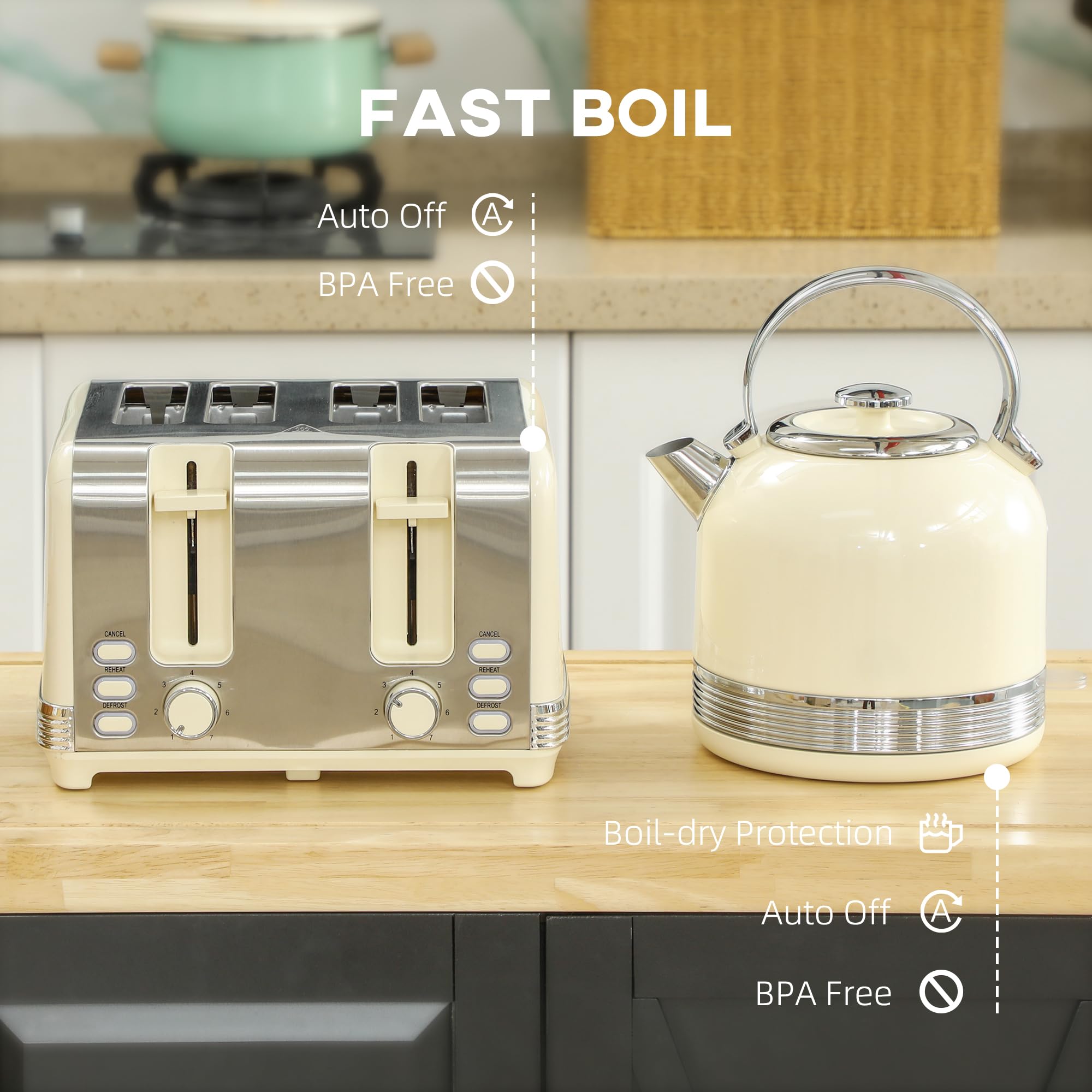 HOMCOM Juego de hervidor y tostadora de 2200 W, hervidor de acero inoxidable de 1,7 L con aislamiento y tostadora de 4 rebanadas, 7 niveles de dorado, descongelación, recalentamiento y bandeja