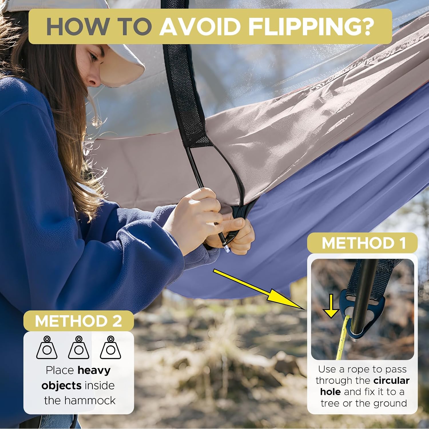 Sunyear Camping Hammock Tent - Portable Hammocks with Mosquito Net (Single/Double, 500lbs Capacity) - Spacious & Anti-Rollover Design with 2 Tree Straps for Hiking, Backpacking, Indoor/Outdoor Use image 4