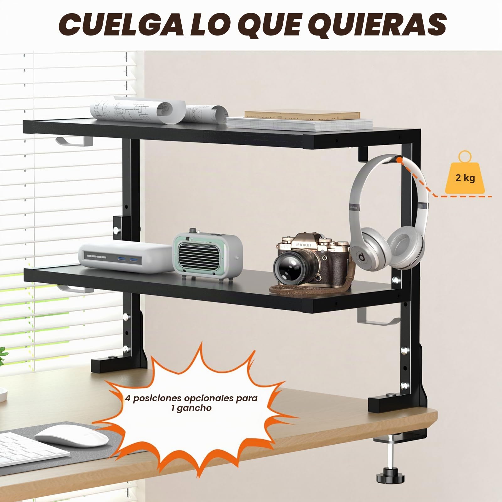 PUTORSEN Estanteria con Clip de 24 Pulgadas, Estanterias Doble Montado Encima o Debajo de la Mesa, Estanterias Almacenaje con Espacios a Medida para Equipos de Juego, Material de Oficina, etc, Negro