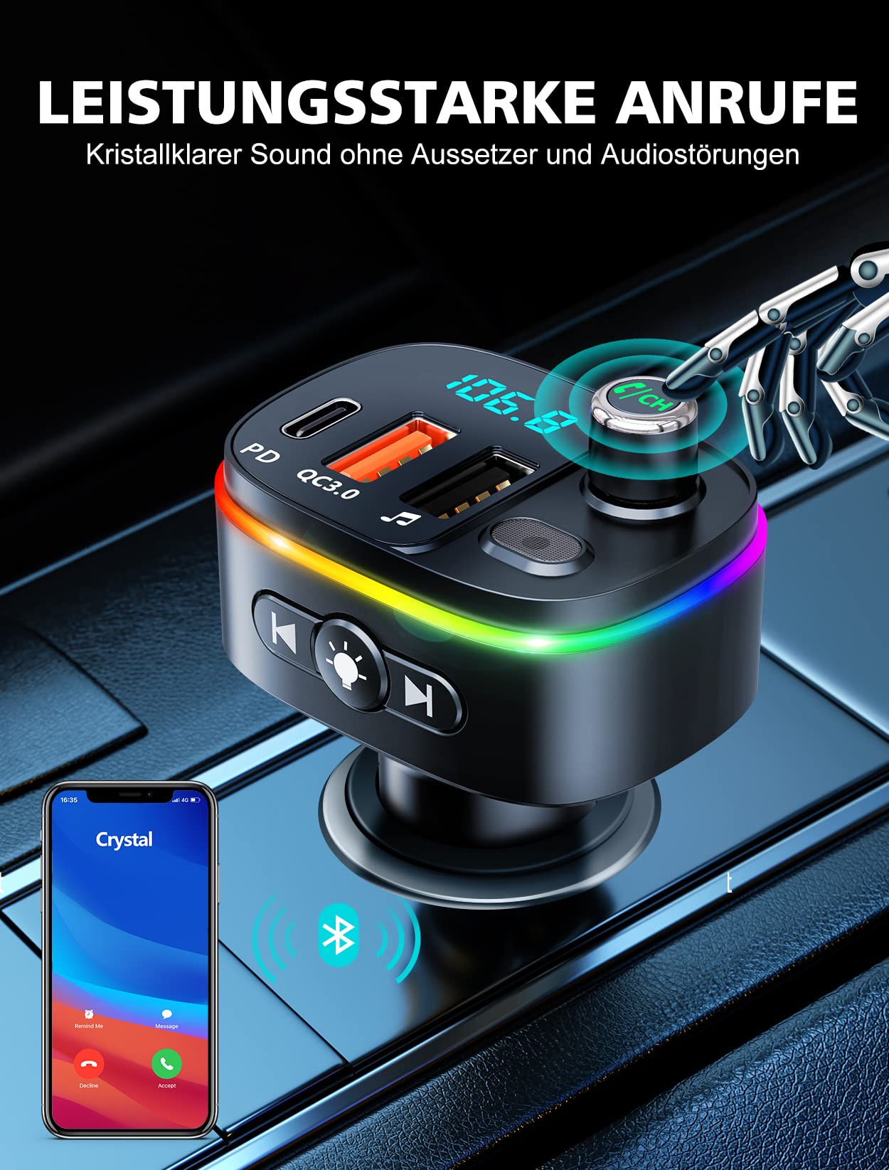 Mohard FM Transmitter Auto Bluetooth 5.0, PD 18W & QC3.0 Adapter , 9 RGB Beleuchtungsmodi, 3 USB Anschlüsse Auto Ladegerät mit Freisprechfunktion, Siri Google Assistant und USB-Disk