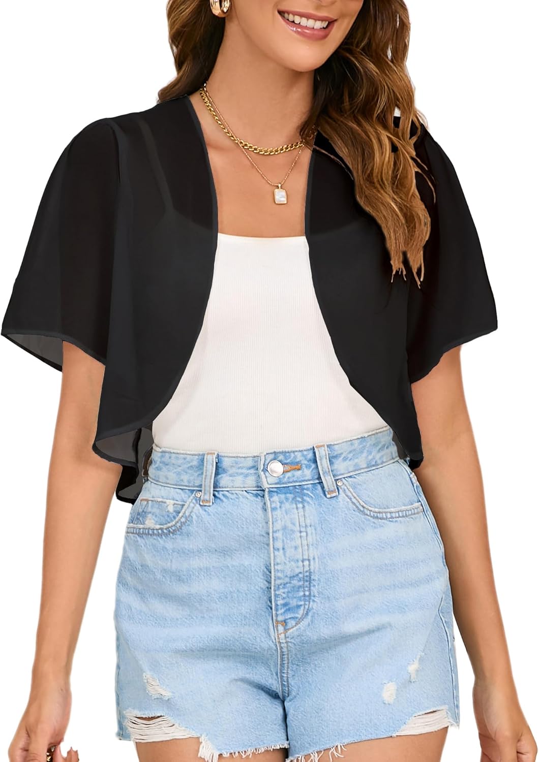 Women Shrug Chiffon Cropped Cardigans Short Sleeve Open Front Bolero for Evening Dresses Large 1-black