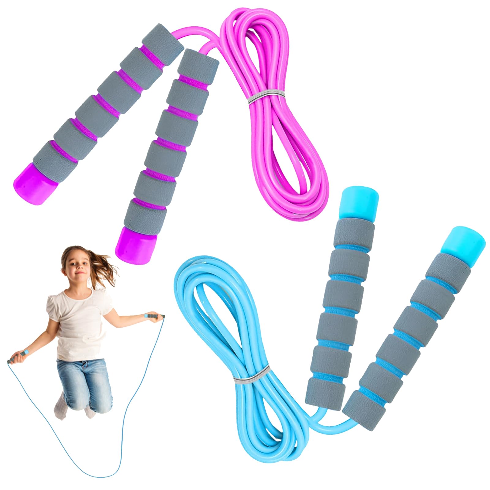 2 Pcs Skipping Rope for Kids, Adjustable Child Skipping Ropes, Jump Ropes with Foam Handles for Boys and Girls to Exercise Blue & Purple (2.6m)