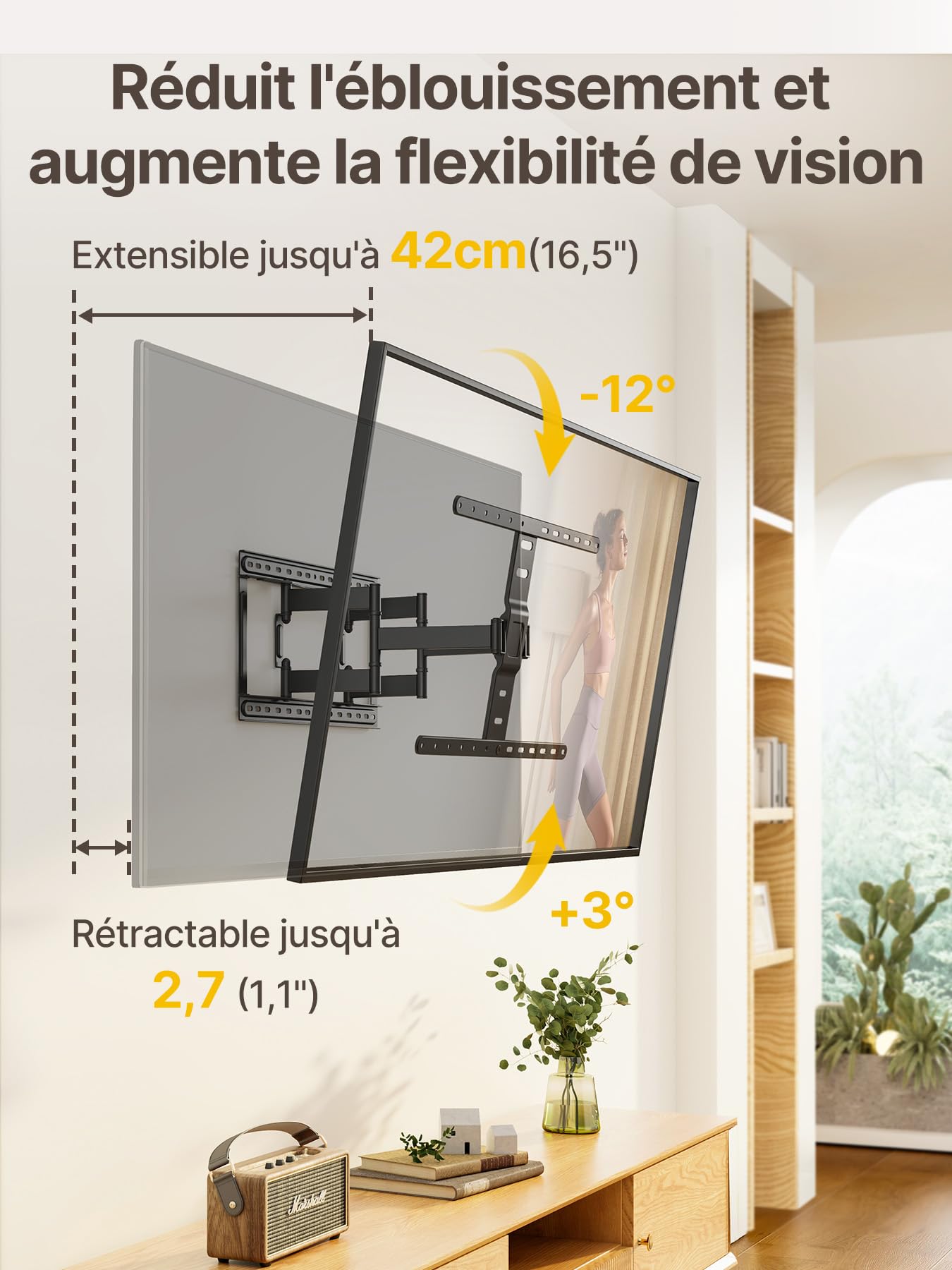 monTEK Support Mural TV Ultra Fin pour Écrans 43-90 Pouces jusqu'à 60 kg | 1,1" d'épaisseur, Support TV Orientable, Inclinable et Extensible, Fixation Murale TV avec Double Bras, Max VESA 600x400mm