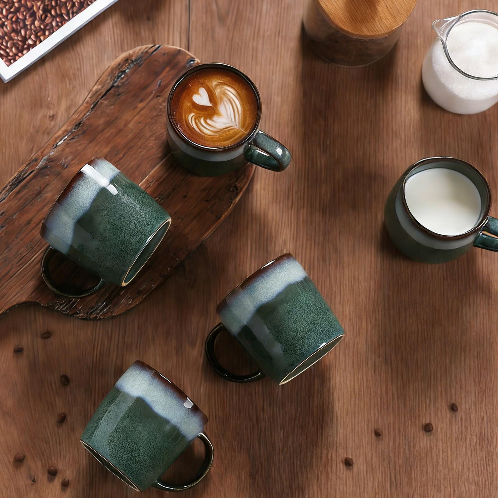 Juego de 4 tazas de café expreso de cerámica de 325 ml, aptas para lavavajillas y microondas, tazas de café expreso de 330 ml, tazas Demitasse esmaltadas especiales, tazas de gres con diseño graduado