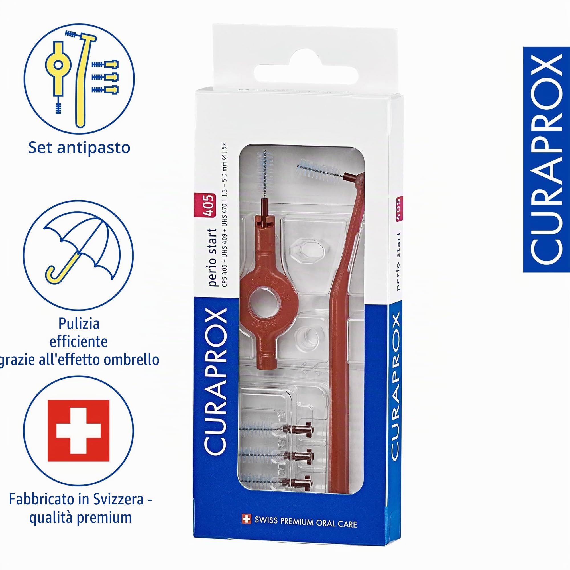 Curaprox Interdental Brush Set CPS 405 Perio Start - Per spazi vuoti più grandi e cura delle gengive/Include 5 spazzole e supporti doppi/Rosa ciliegia/Made in Switzerland