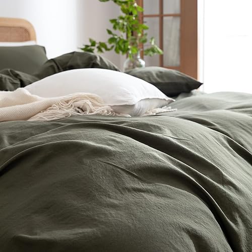 Miniatura 6 de Funda de edredón verde oscuro tamaño King, 100% microfibra lavada, juego de ropa de cama de 3 piezas verde oliva casual sólido para hombres y