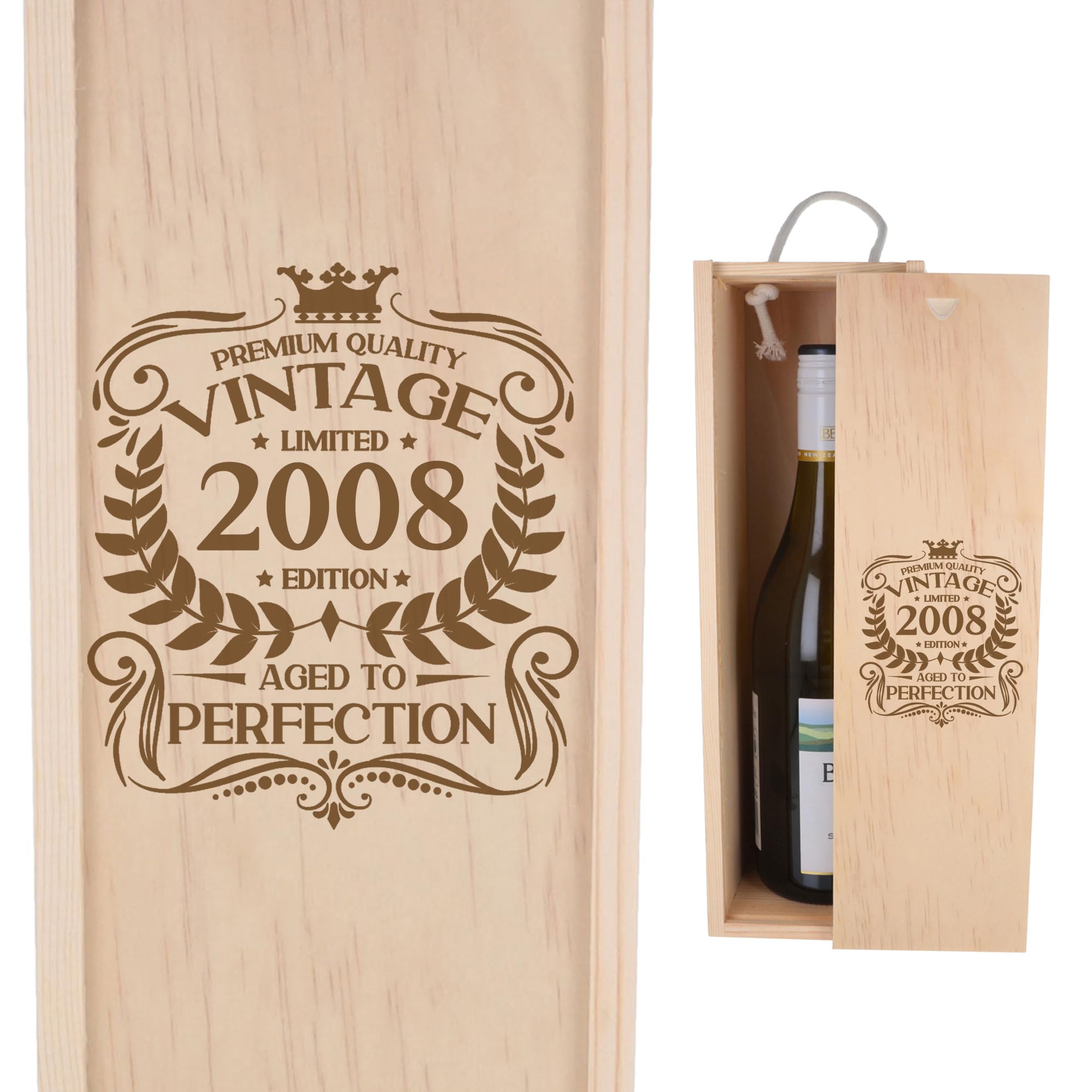 Wooden Wine Box Vintage 2008 Aged to Perfection Birthday Design, Personalised Wine Box for 18th Birthday Celebration, Custom Laser Engraved Wooden Carrier for Champagne or Spirits Bottles