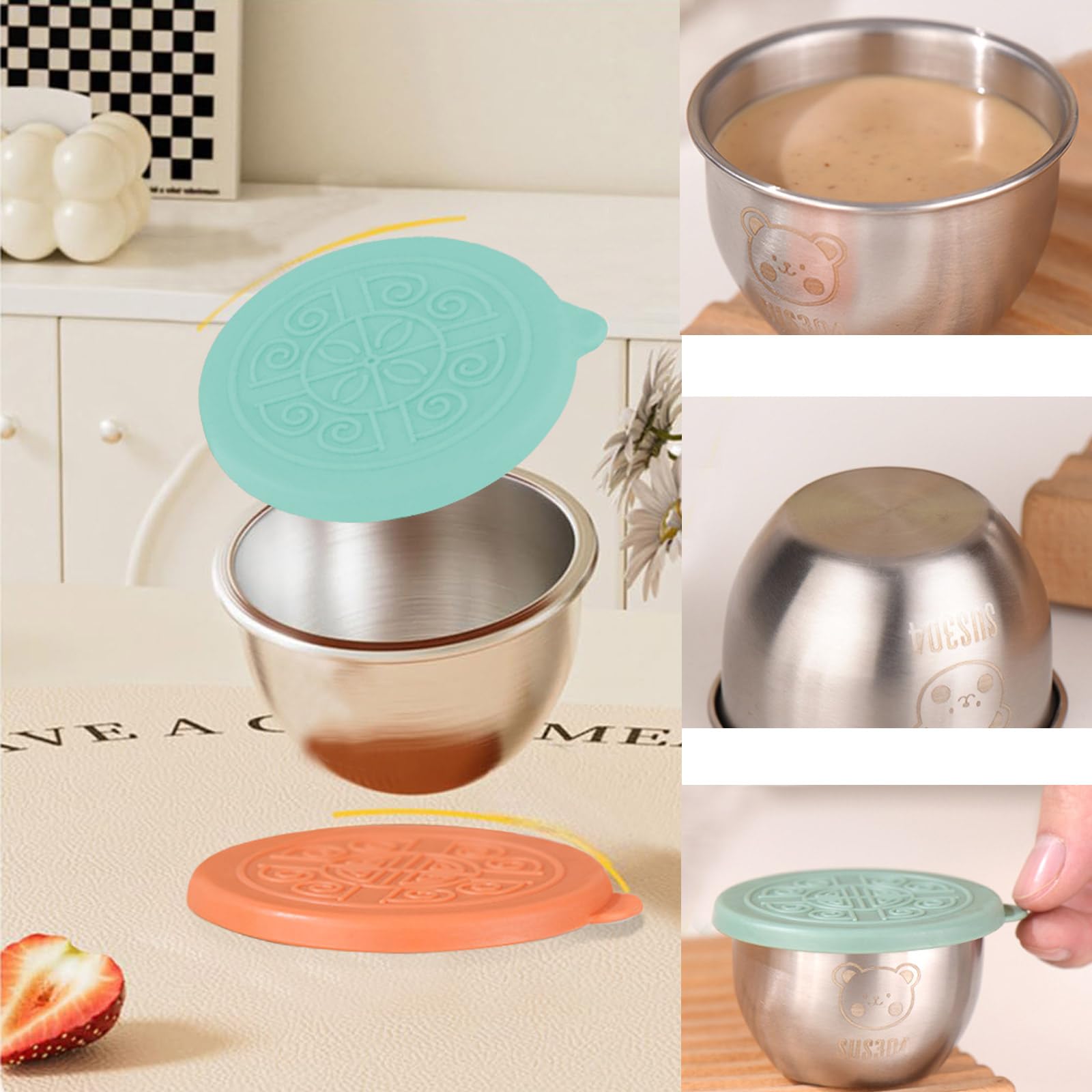 8 Stück Mini Dosen Auslaufsichere Salatdressing Gewürzbehälter, 50ml Edelstahl Dressing Behälter mit Silikon Deckel, Wiederverwendbare Mini Saucenbehälter Dip, für Dips, Gewürze, Sauce, Marmelade