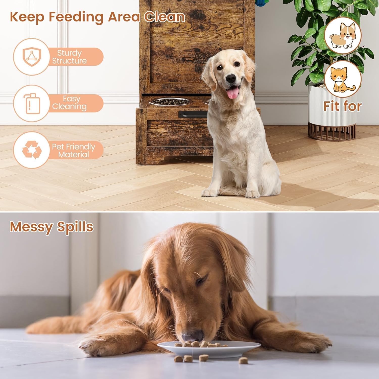 Comedero multifuncional para perros con armario de almacenamiento, cuencos elevados de acero inoxidable y ganchos para accesorios – Comedero de madera para perros y gatos para cocina o comedor
