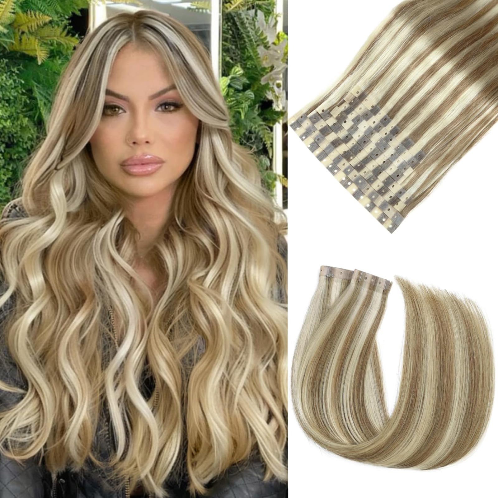 Invisible Hole Weft Human Hair Extensions Micro Link Hair Extensions 9A/P60 Highlight Blonde Glueless Skin Weft Human Hair Extensions Seamless No Tape
