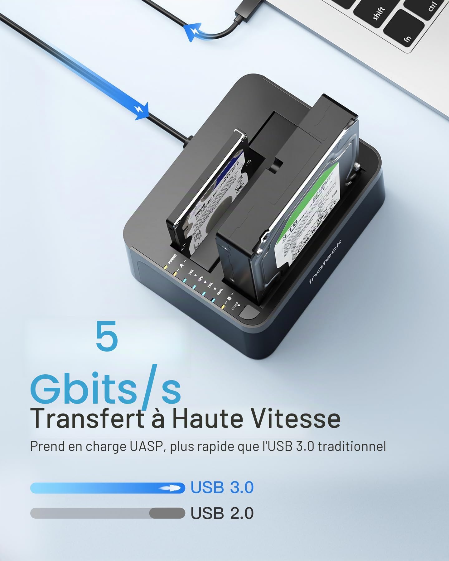 Inateck Dock Disque durs USB 3.0 pour SATA de 2,5/3,5" SSD/HDD, Compatible UASP,Fonction clonage Hors Ligne Prend en Charge UASP et 2 disques durs 20 to,SA02002