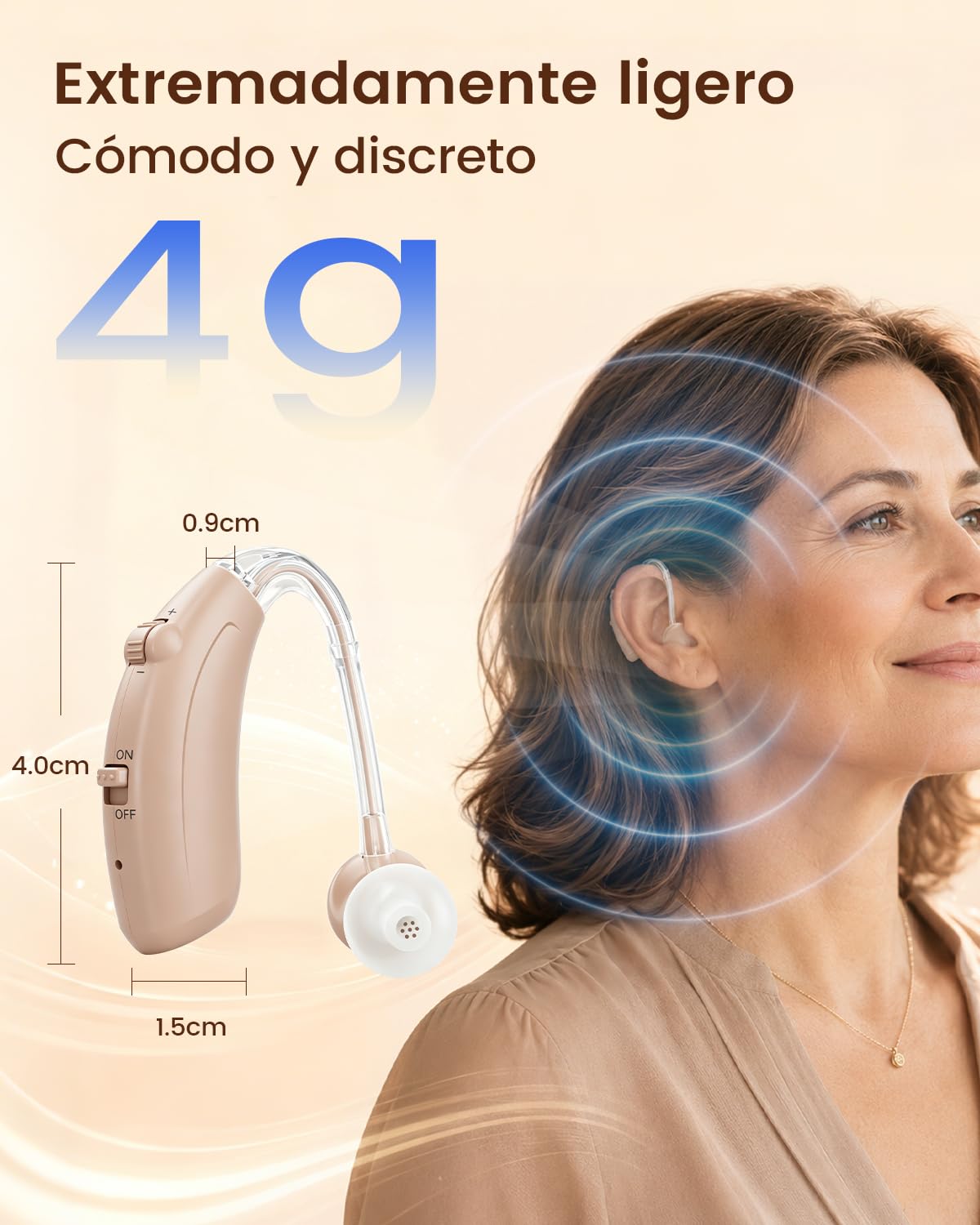 Dispositivo de sonido recargable para adultos: 48 horas de batería, carga rápida por USB-C y un diseño ligero y discreto