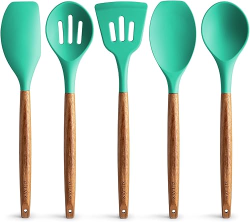 Zulay Kitchen Juego de utensilios de cocina de silicona antiadherente con auténticas asas de madera de acacia, juego de utensilios de silicona de 5