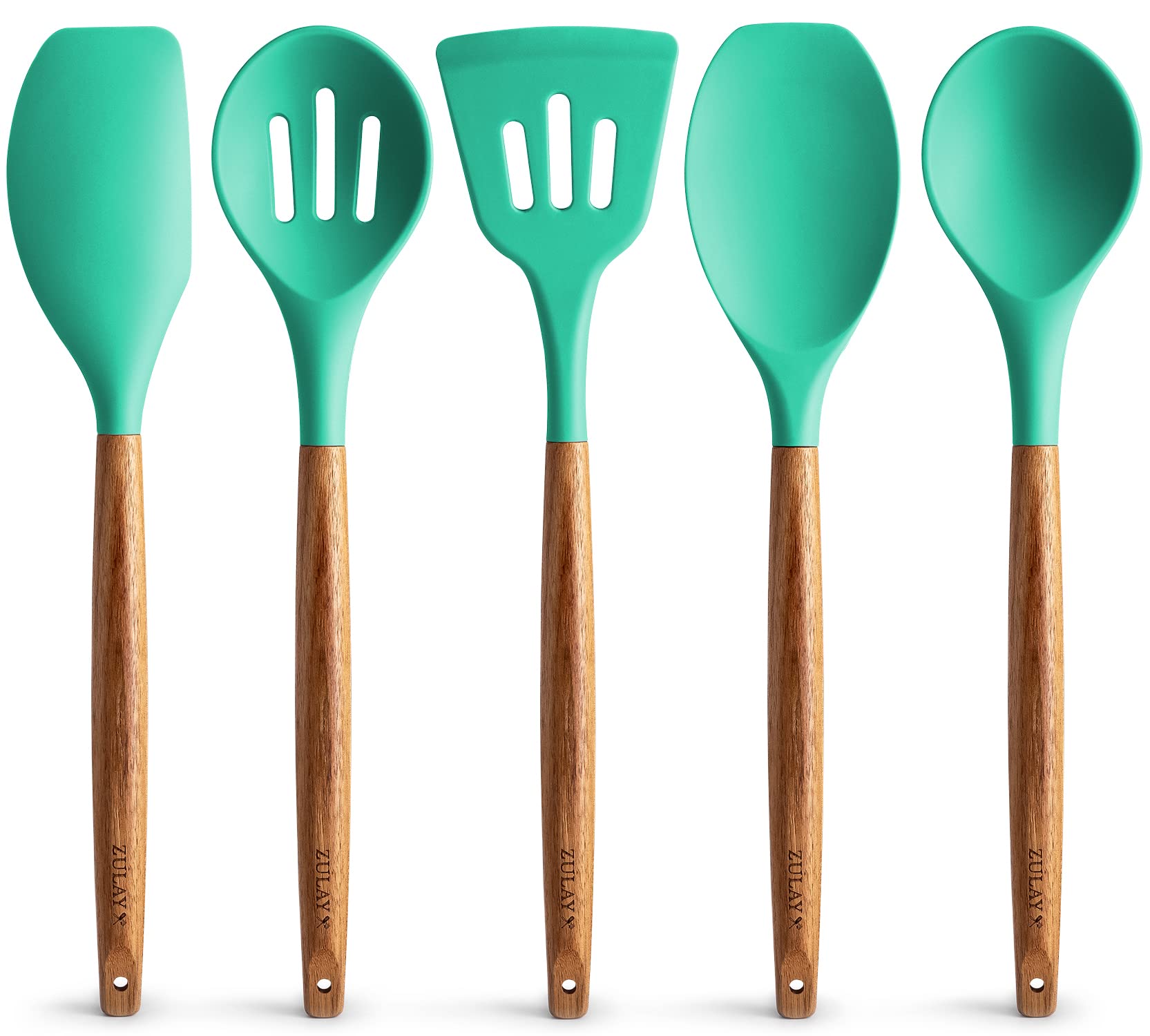 Zulay Kitchen Non-Stick Cooking Utensils Set with Authentic Acacia Wood Handles – 5-Piece Durable & Stylish Silicone Kitchen Utensils Set – Heat Resistant to 464°F – Mint