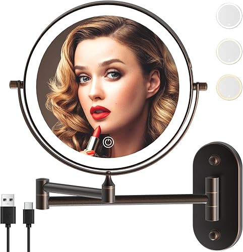 Miniatura 8 de Espejo de maquillaje con luces, espejo de maquillaje iluminado con aumento, recargable de 8 pulgadas, aumento 1X10X, espejo de doble cara, giratorio