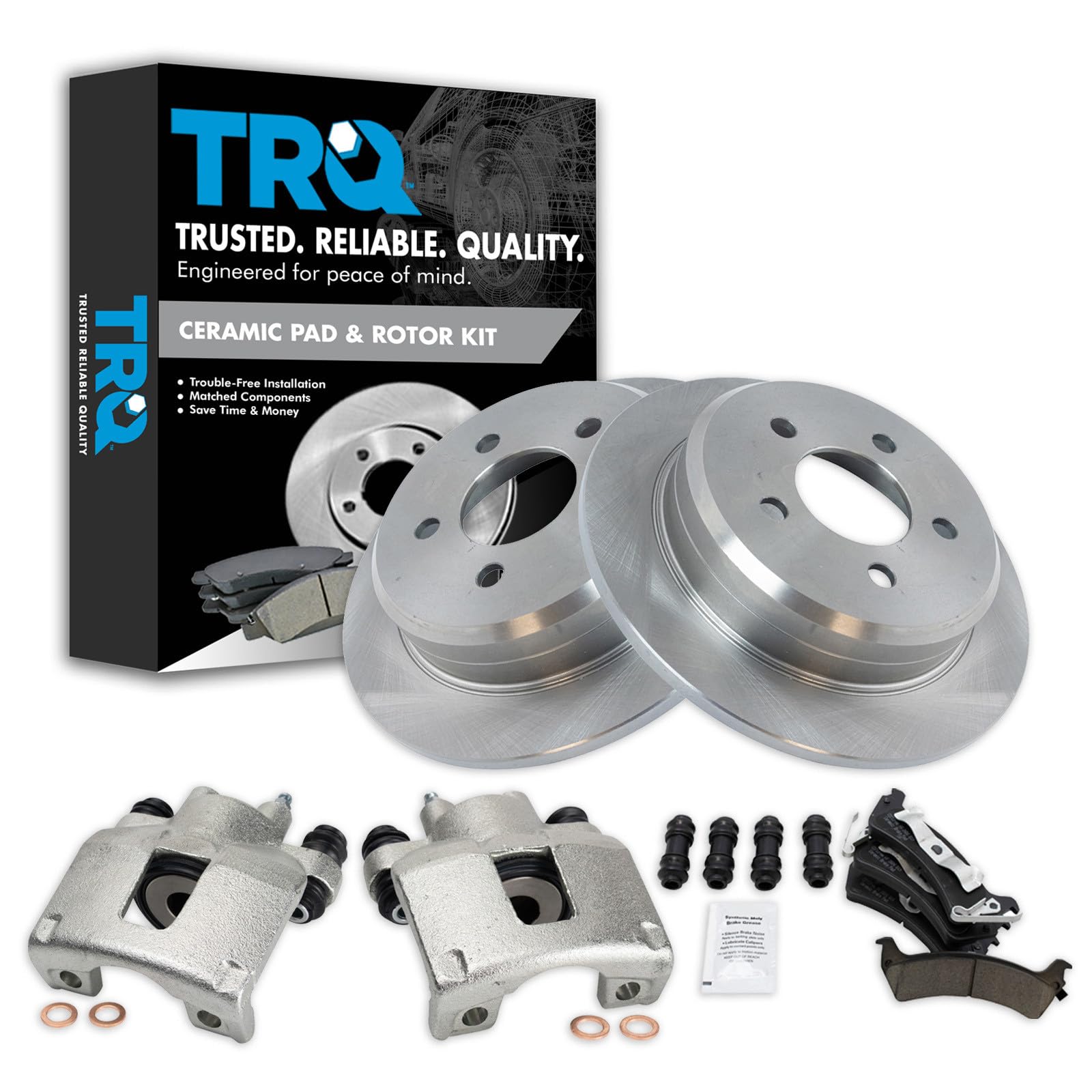 TRQ Rear Brake Pad and Rotor Set Ceramic Solid Rotors Calipers