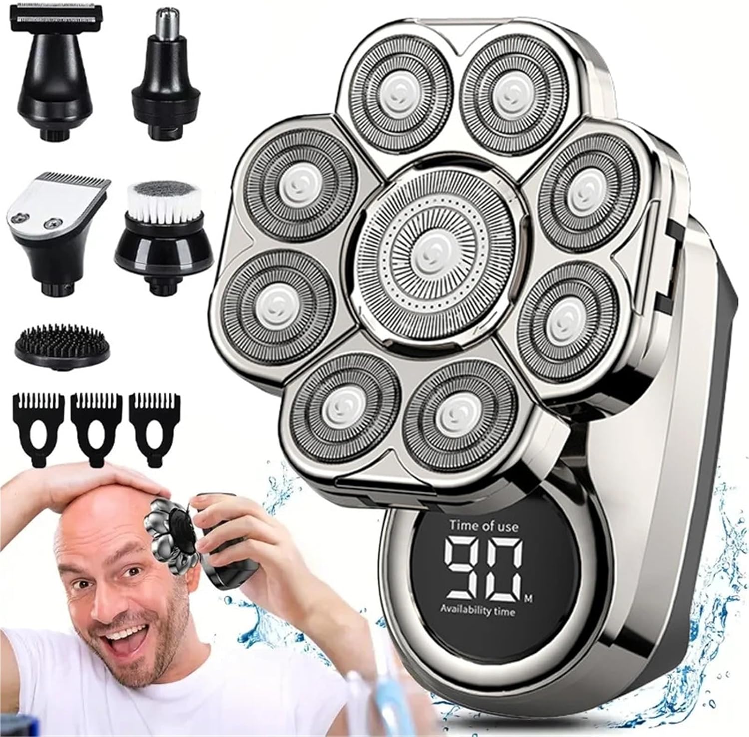 9D Floating Electric Shavers For Men Bald Head IPX7 Waterproof Electric Razor Wet/Dry Shaving With Grooming Kit With LED Display(A set of silver)