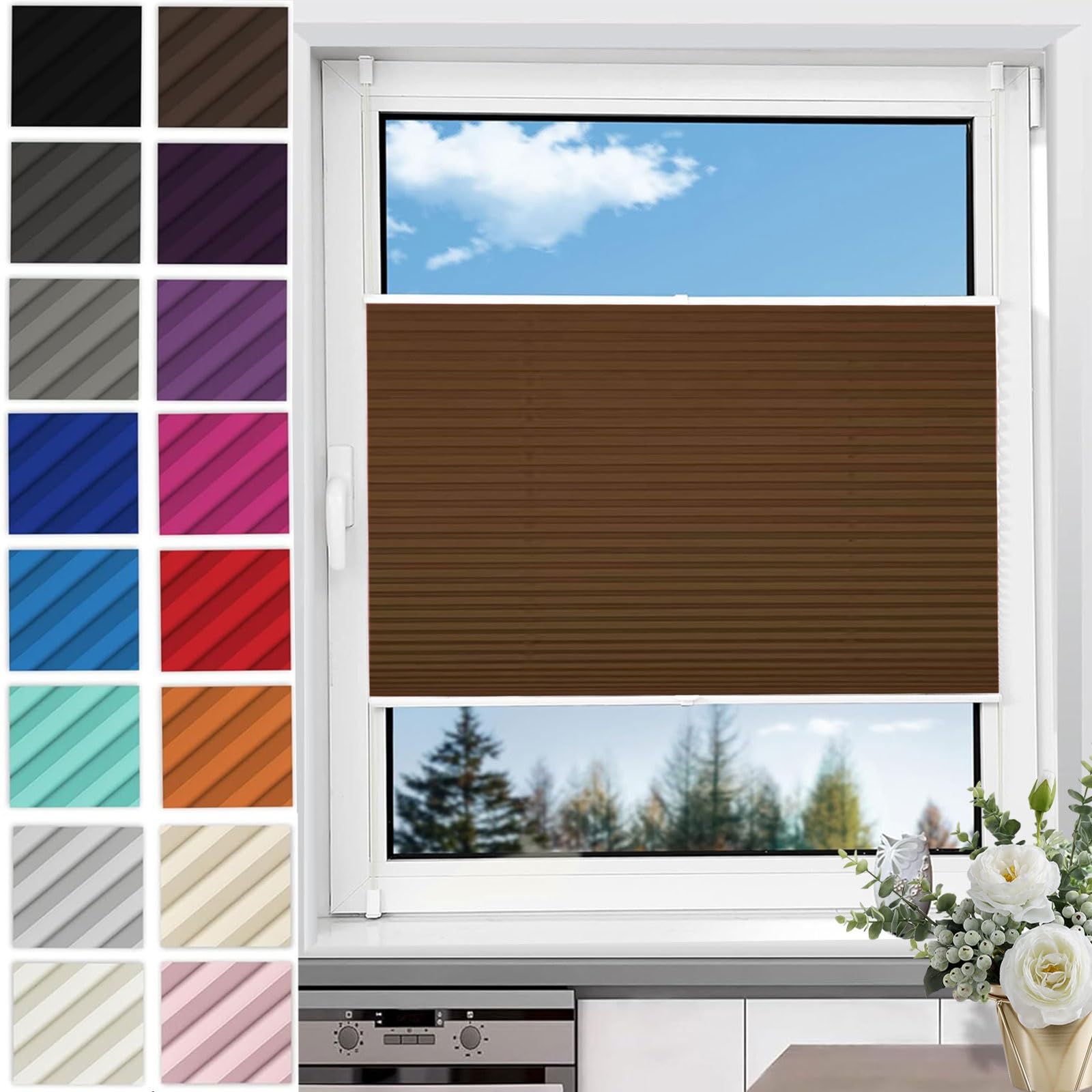 Store plissé sans perçage 70x100 cm marron translucide pour fenêtre